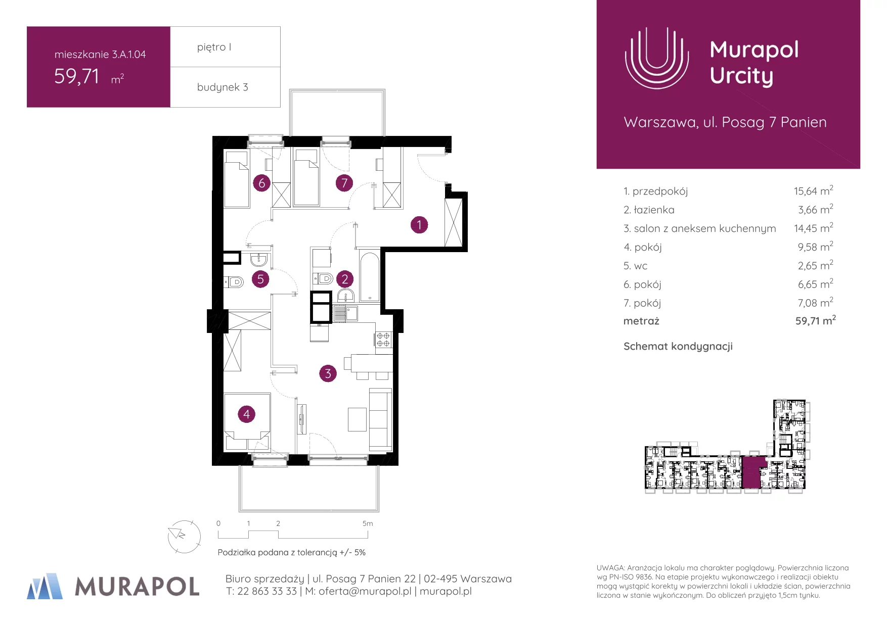 4 pokoje, mieszkanie 59,71 m², piętro 1, oferta nr 3.A.1.04, Murapol Urcity, Warszawa, Ursus, Szamoty, ul. Posag 7 Panien