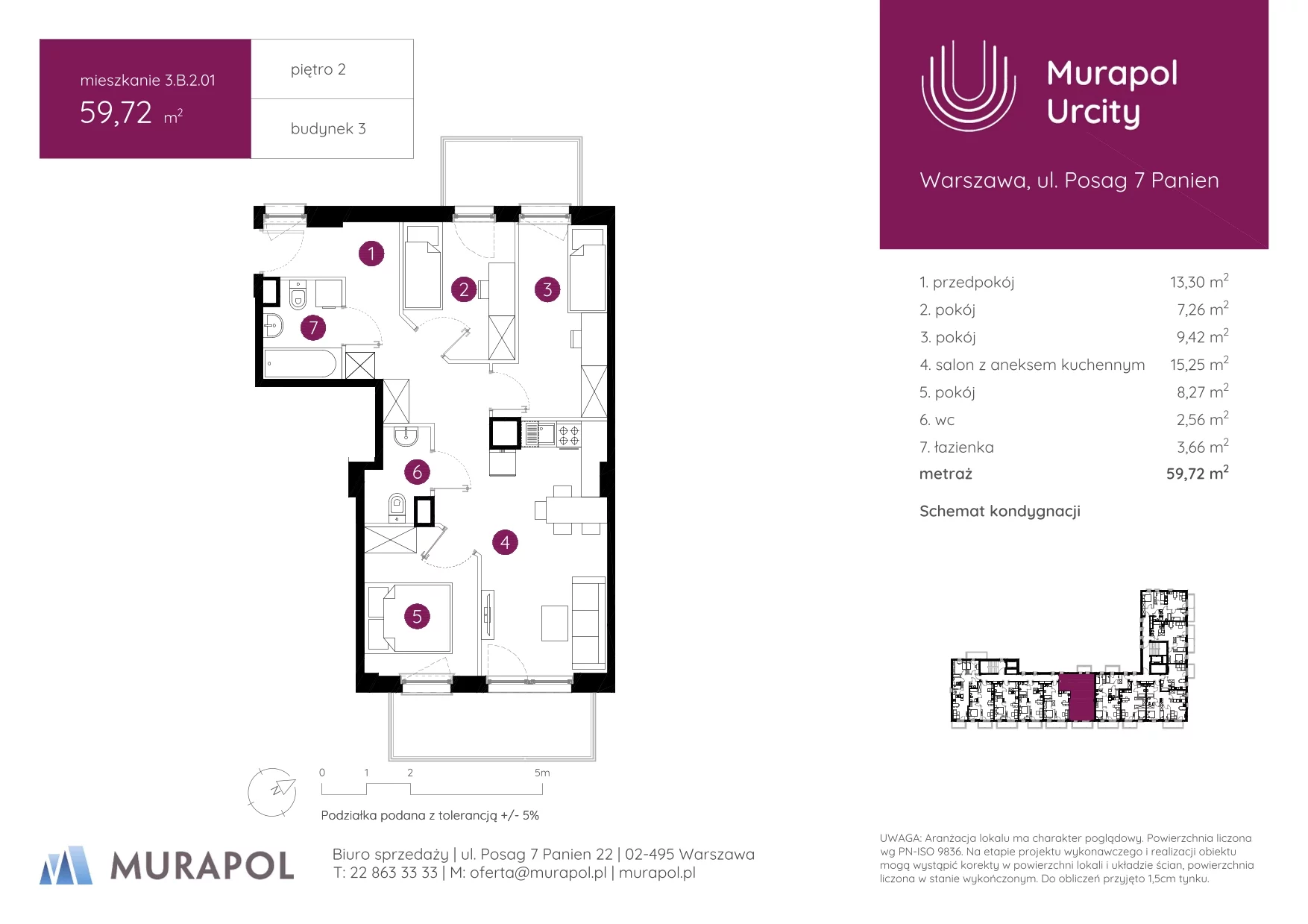 4 pokoje, mieszkanie 59,72 m², piętro 2, oferta nr 3.B.2.01, Murapol Urcity, Warszawa, Ursus, Szamoty, ul. Posag 7 Panien