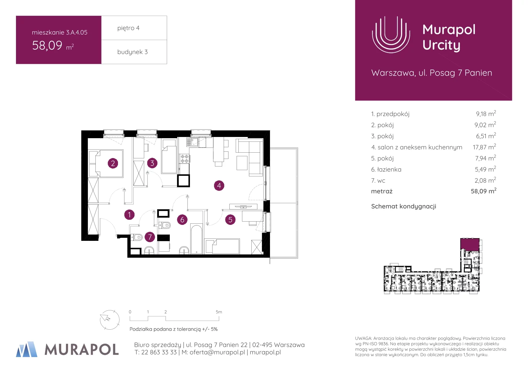 4 pokoje, mieszkanie 58,09 m², piętro 4, oferta nr 3.A.4.05, Murapol Urcity, Warszawa, Ursus, Szamoty, ul. Posag 7 Panien