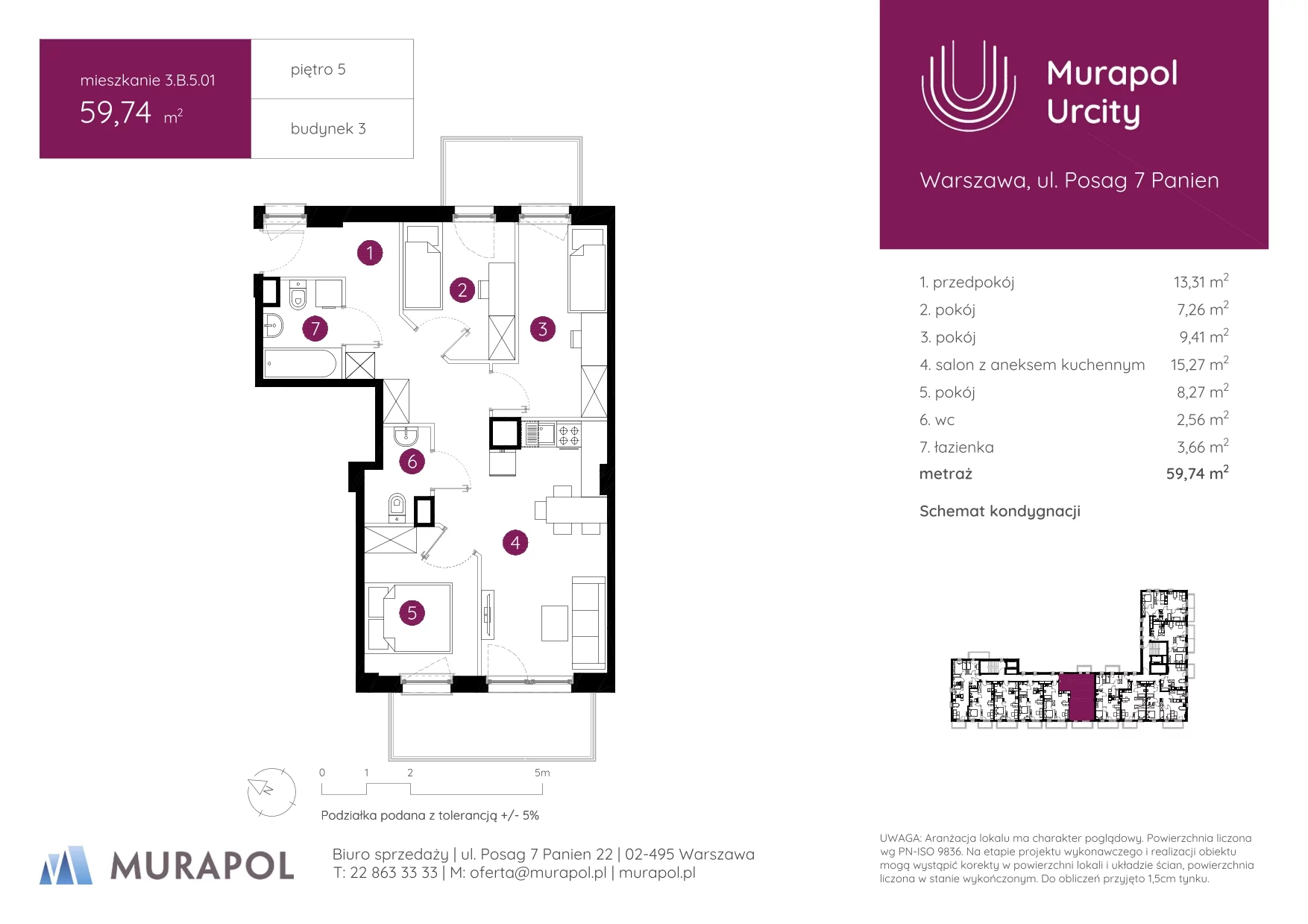 4 pokoje, mieszkanie 59,74 m², piętro 5, oferta nr 3.B.5.01, Murapol Urcity, Warszawa, Ursus, Szamoty, ul. Posag 7 Panien
