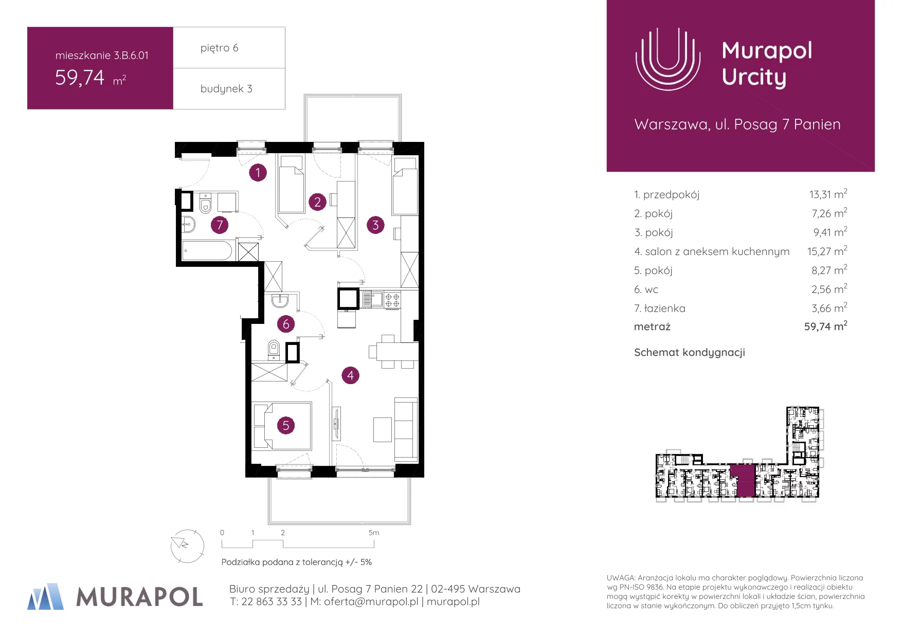 4 pokoje, mieszkanie 59,74 m², piętro 6, oferta nr 3.B.6.01, Murapol Urcity, Warszawa, Ursus, Szamoty, ul. Posag 7 Panien