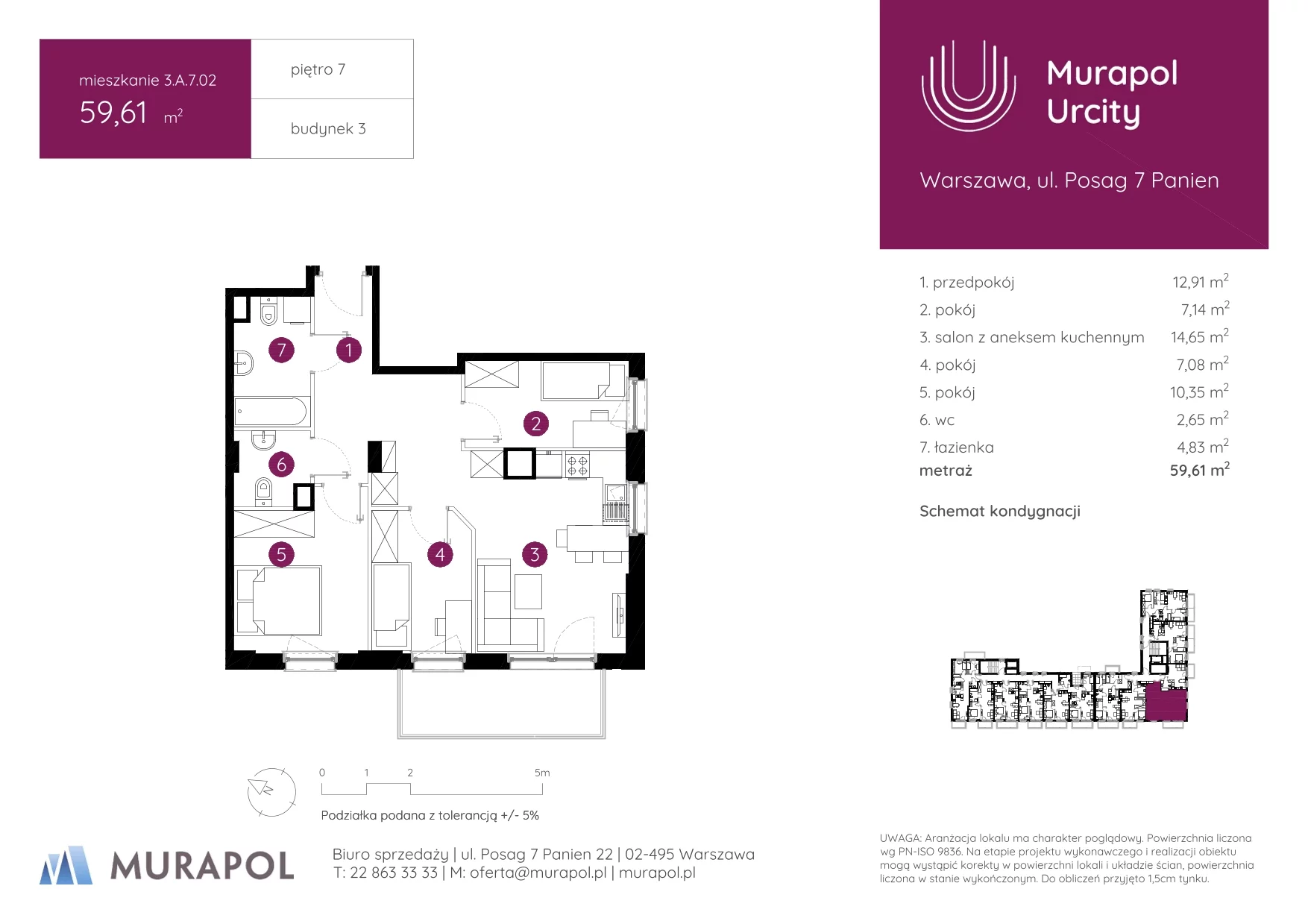 4 pokoje, mieszkanie 59,61 m², piętro 7, oferta nr 3.A.7.02, Murapol Urcity, Warszawa, Ursus, Szamoty, ul. Posag 7 Panien
