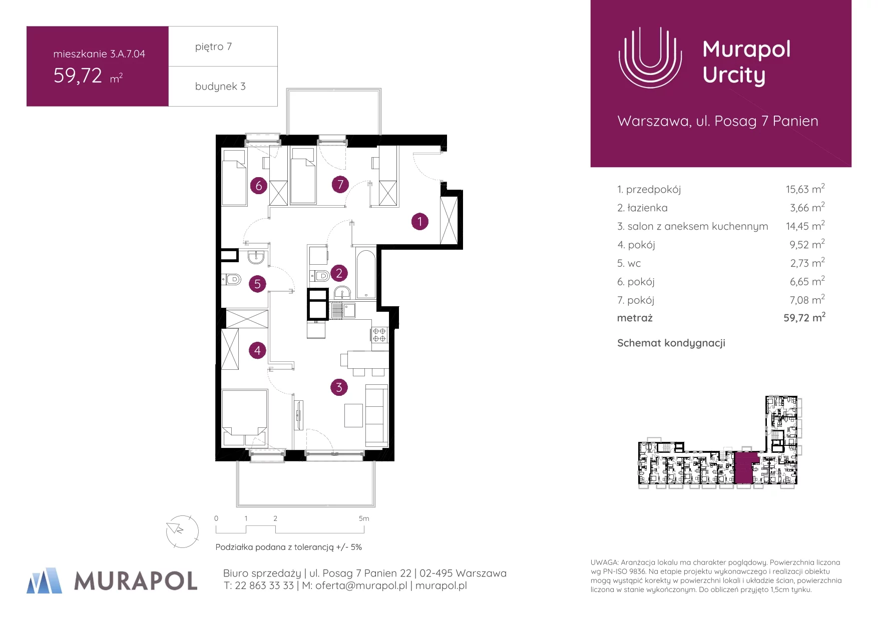4 pokoje, mieszkanie 59,72 m², piętro 7, oferta nr 3.A.7.04, Murapol Urcity, Warszawa, Ursus, Szamoty, ul. Posag 7 Panien