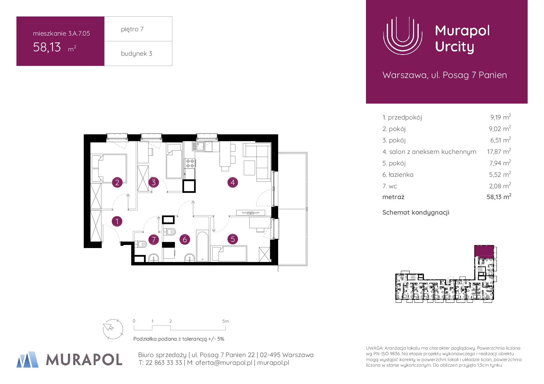 4 pokoje, mieszkanie 58,13 m², piętro 7, oferta nr 3.A.7.05, Murapol Urcity, Warszawa, Ursus, Szamoty, ul. Posag 7 Panien