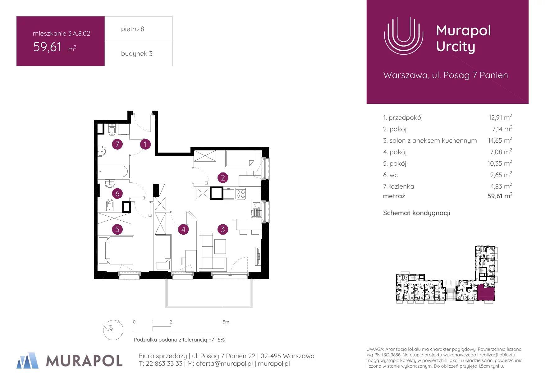 4 pokoje, mieszkanie 59,61 m², piętro 8, oferta nr 3.A.8.02, Murapol Urcity, Warszawa, Ursus, Szamoty, ul. Posag 7 Panien