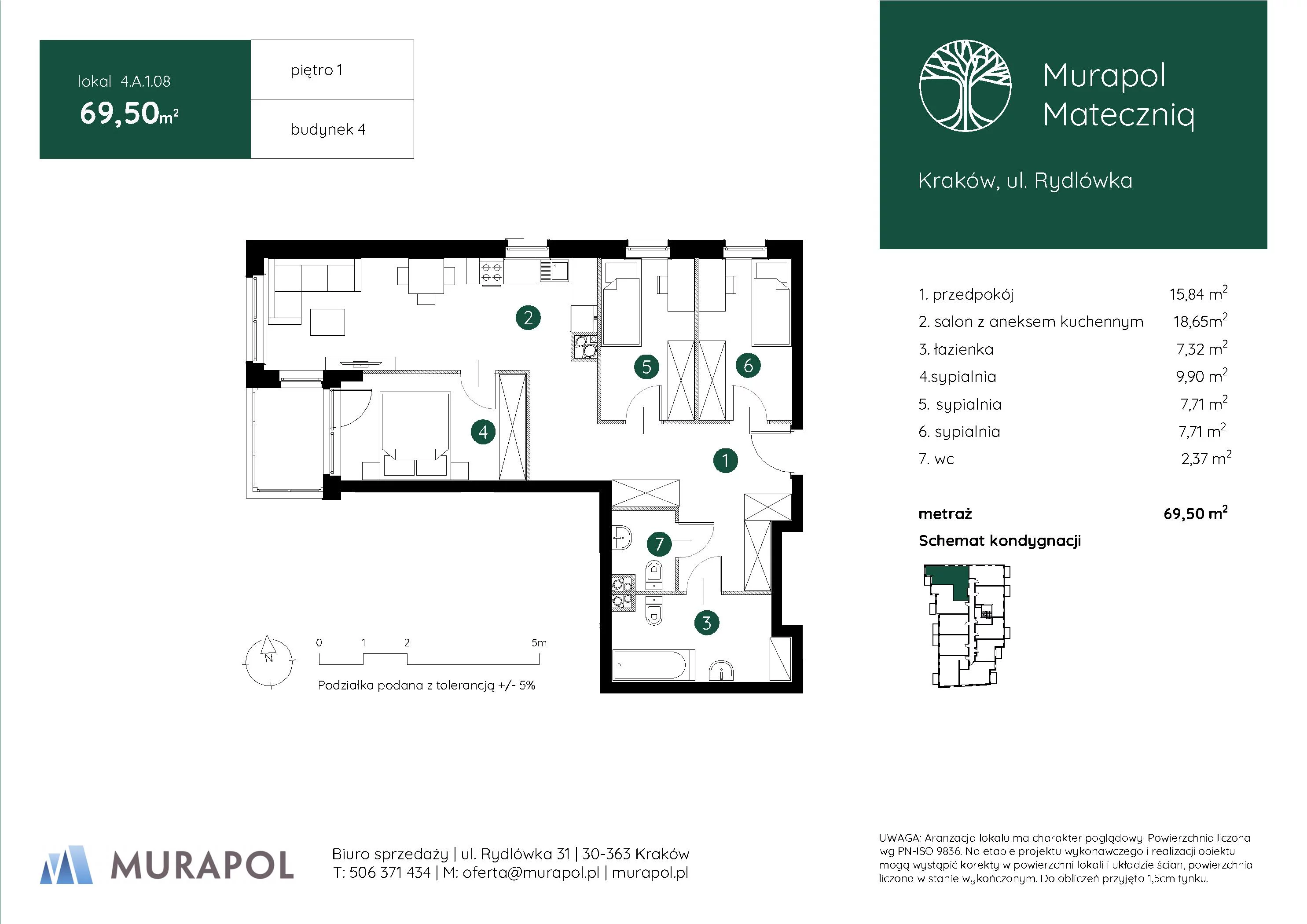 4 pokoje, mieszkanie 69,50 m², piętro 1, oferta nr 4.A.1.08, Murapol Mateczniq, Kraków, Podgórze, Mateczny, ul. Rydlówka