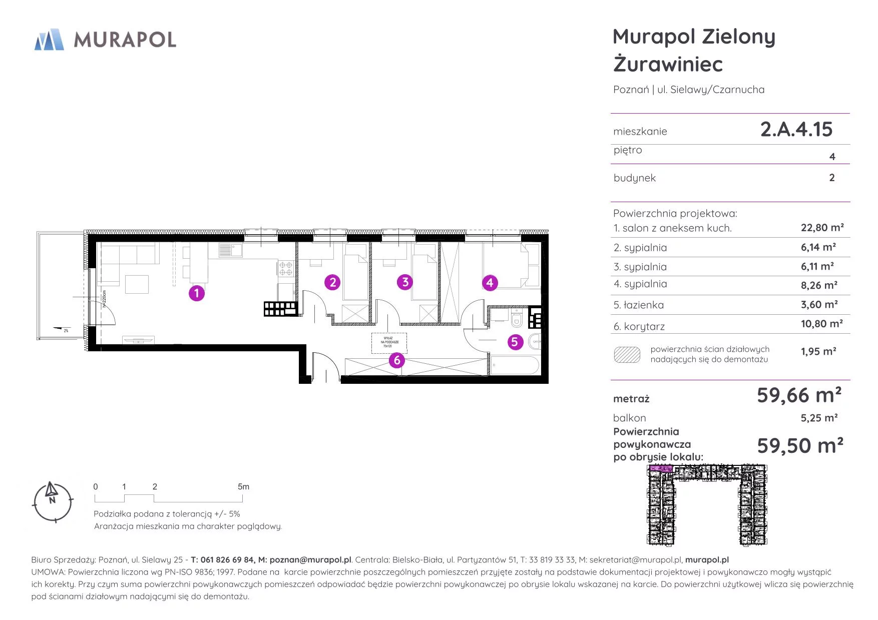 4 pokoje, mieszkanie 59,50 m², piętro 4, oferta nr 2.A.4.15, Murapol Zielony Żurawiniec - Gotowe mieszkania, Poznań, Naramowice, ul. Sielawy