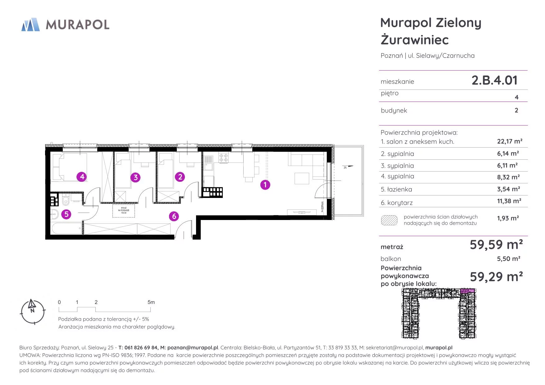 Mieszkanie 59,29 m², piętro 4, oferta nr 2.B.4.01, Murapol Zielony Żurawiniec - Gotowe mieszkania, Poznań, Naramowice, ul. Sielawy