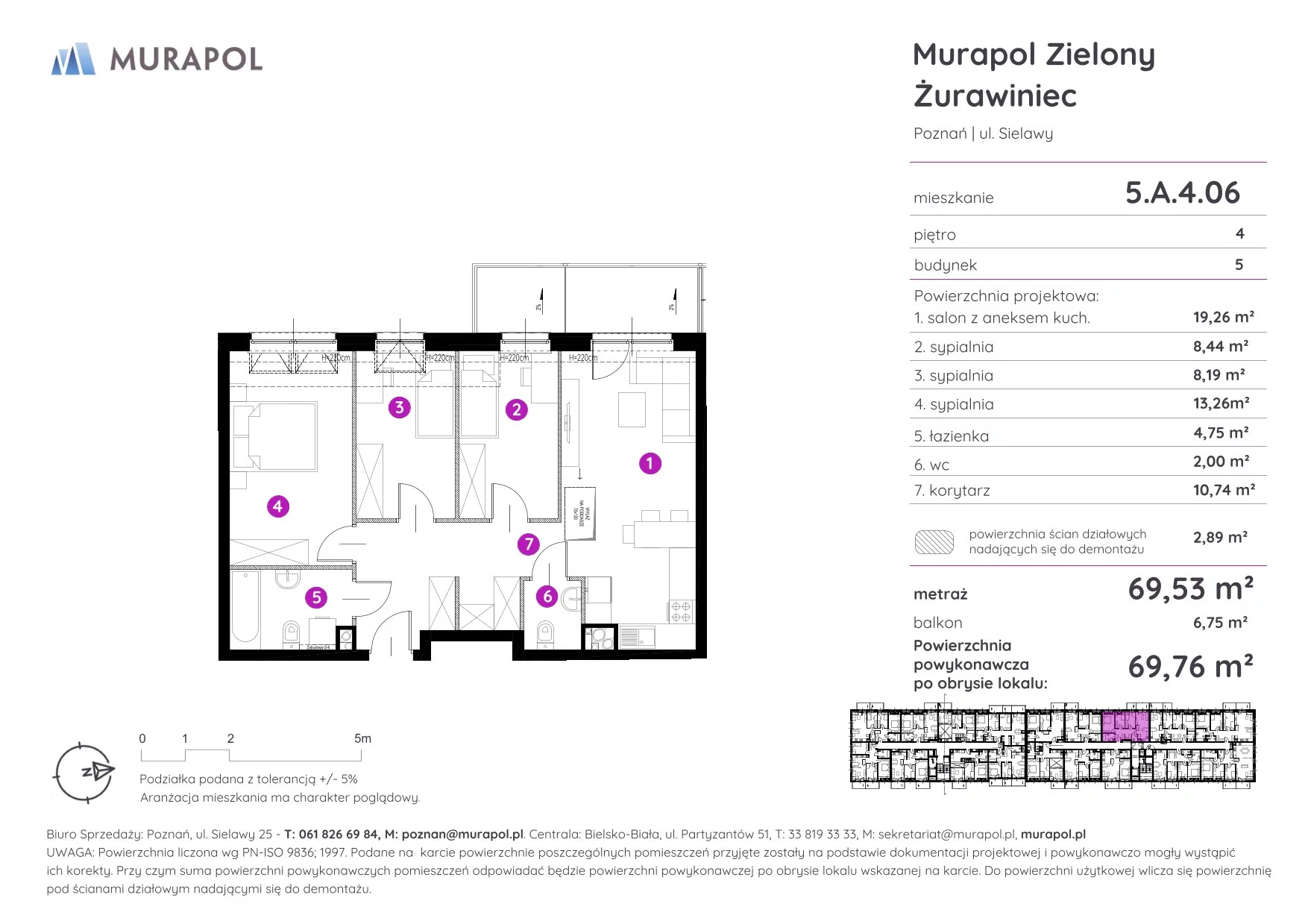 Mieszkanie 69,76 m², piętro 4, oferta nr 5.A.4.06, Murapol Zielony Żurawiniec - Gotowe mieszkania, Poznań, Naramowice, ul. Sielawy