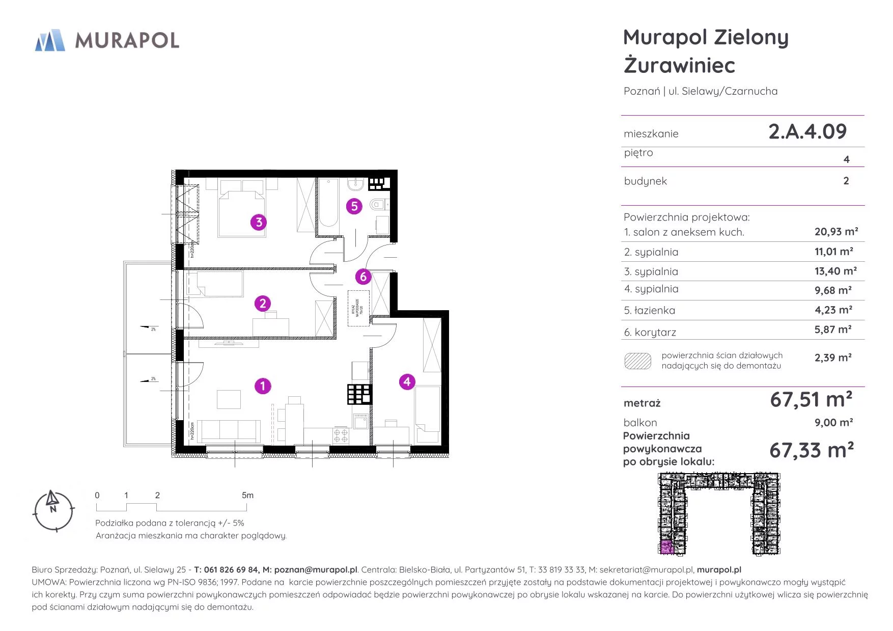 4 pokoje, mieszkanie 67,33 m², piętro 4, oferta nr 2.A.4.09, Murapol Zielony Żurawiniec - Gotowe mieszkania, Poznań, Naramowice, ul. Sielawy