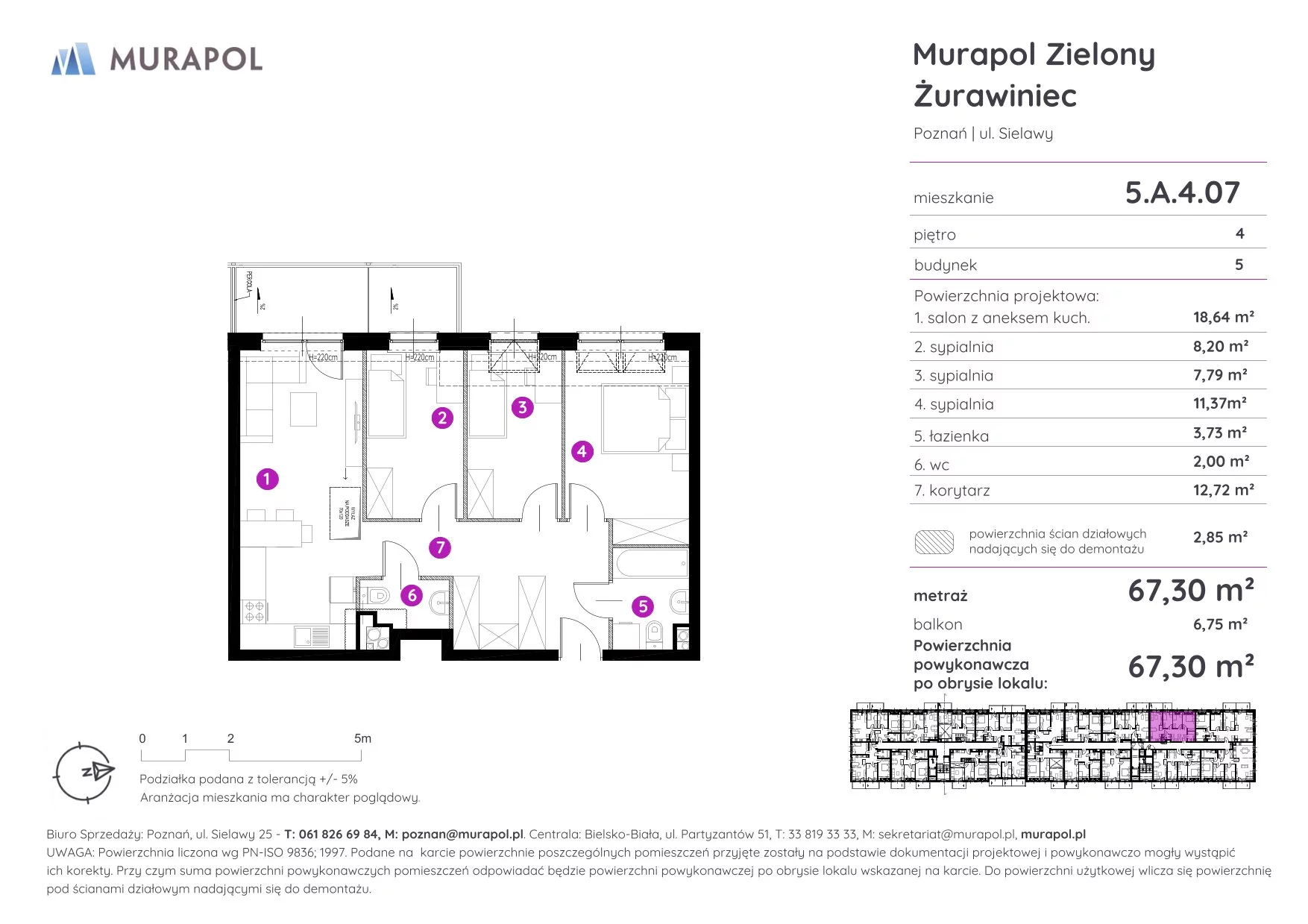 4 pokoje, mieszkanie 67,30 m², piętro 4, oferta nr 5.A.4.07, Murapol Zielony Żurawiniec - Gotowe mieszkania, Poznań, Naramowice, ul. Sielawy