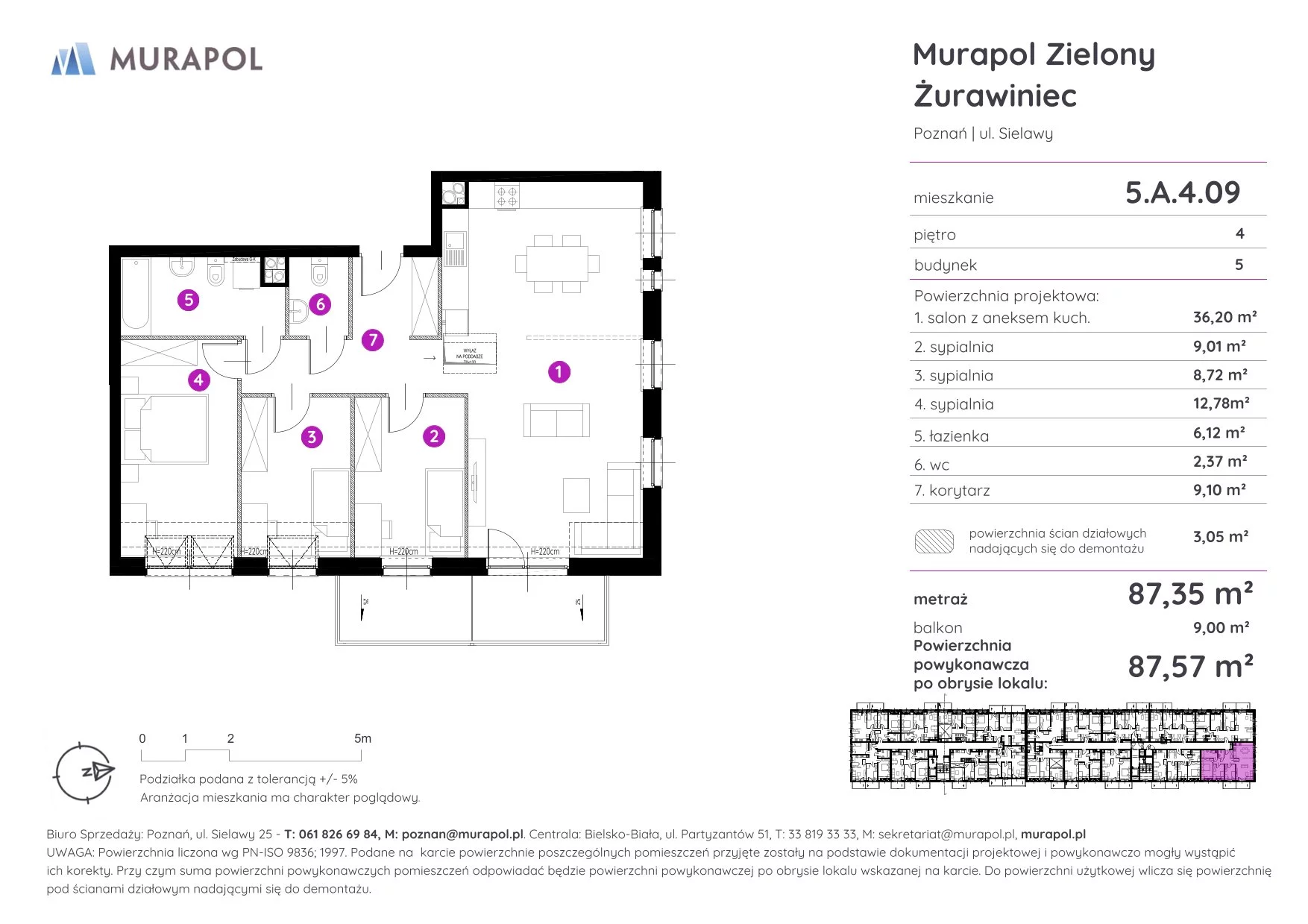 4 pokoje, mieszkanie 87,57 m², piętro 4, oferta nr 5.A.4.09, Murapol Zielony Żurawiniec - Gotowe mieszkania, Poznań, Naramowice, ul. Sielawy
