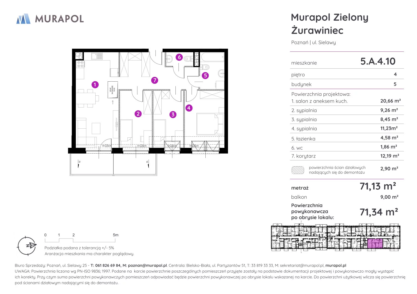 4 pokoje, mieszkanie 71,34 m², piętro 4, oferta nr 5.A.4.10, Murapol Zielony Żurawiniec - Gotowe mieszkania, Poznań, Naramowice, ul. Sielawy