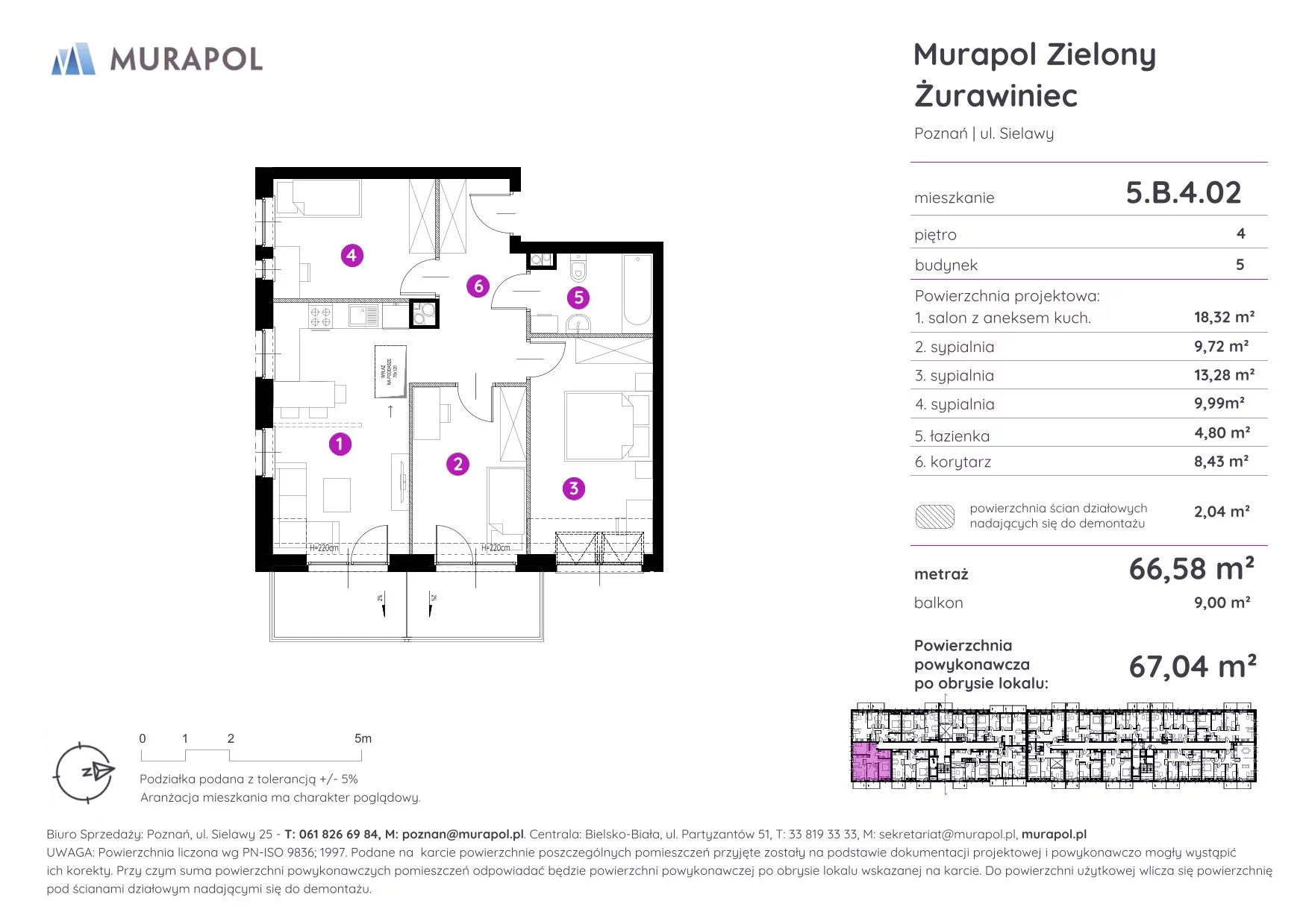 4 pokoje, mieszkanie 67,04 m², piętro 4, oferta nr 5.B.4.02, Murapol Zielony Żurawiniec - Gotowe mieszkania, Poznań, Naramowice, ul. Sielawy