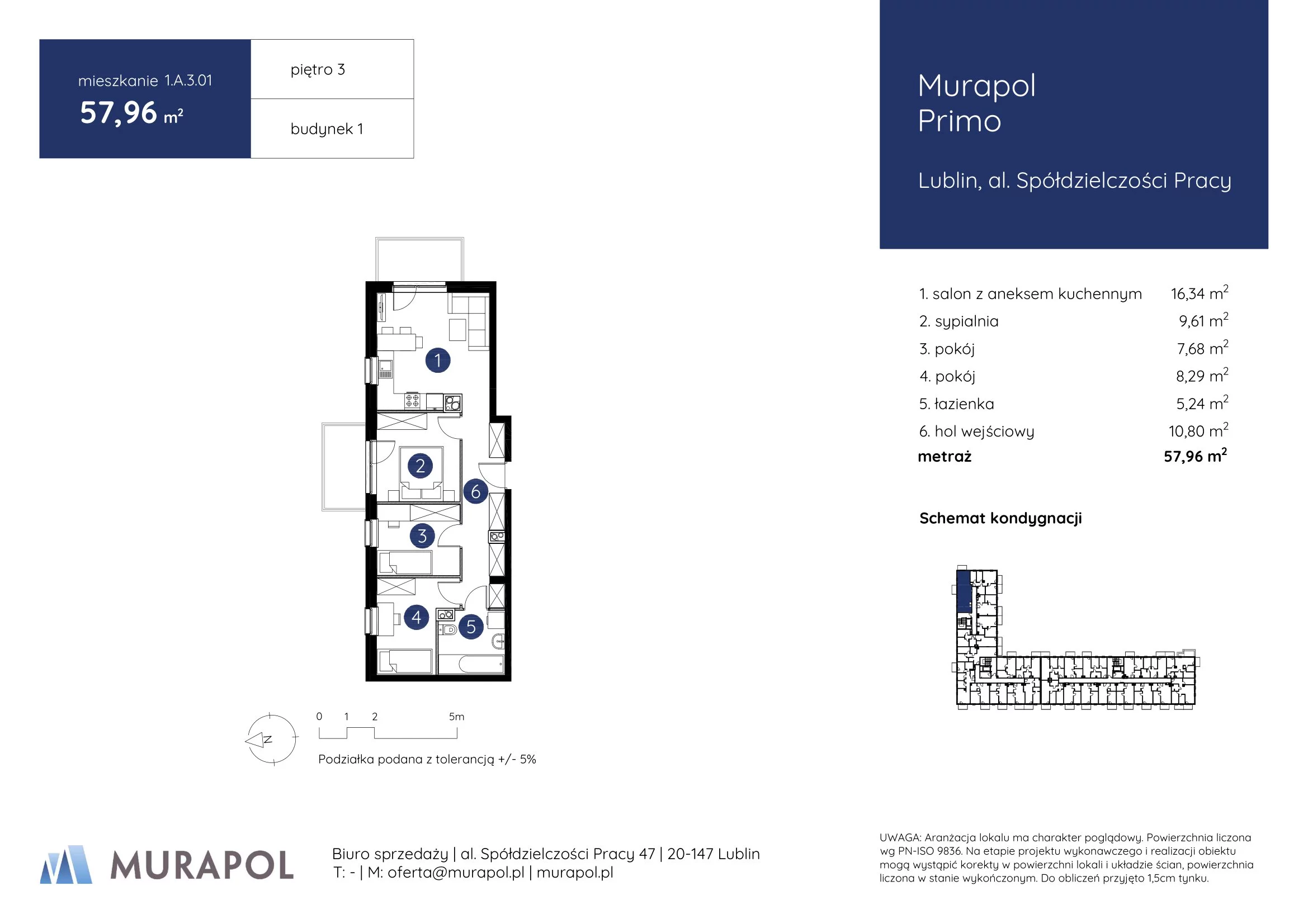 Mieszkanie 57,96 m², piętro 3, oferta nr 1.A.3.01, Murapol Primo, Lublin, Ponikwoda, al. Spółdzielczości Pracy