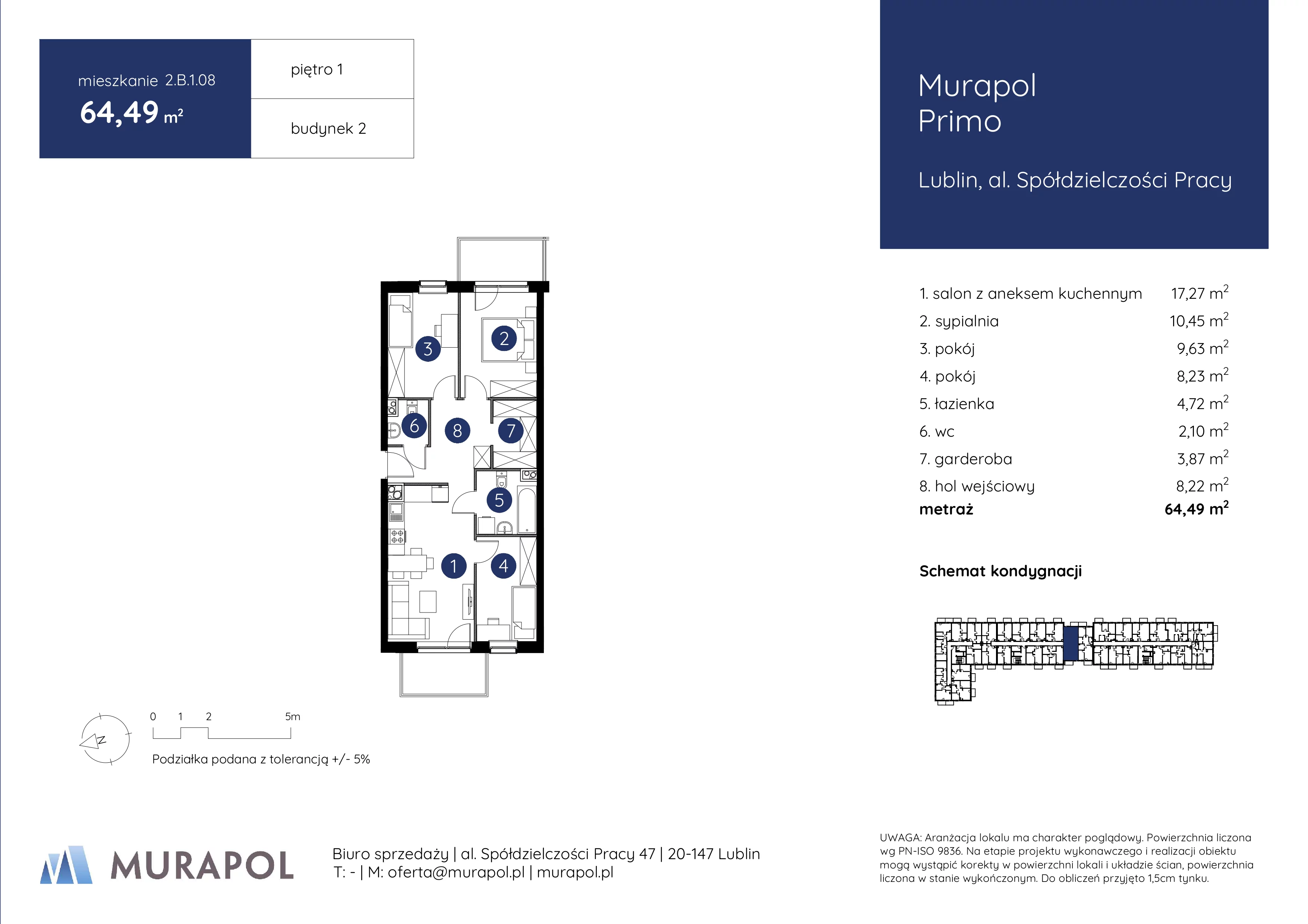 Mieszkanie 64,49 m², piętro 1, oferta nr 2.B.1.08, Murapol Primo, Lublin, Ponikwoda, al. Spółdzielczości Pracy