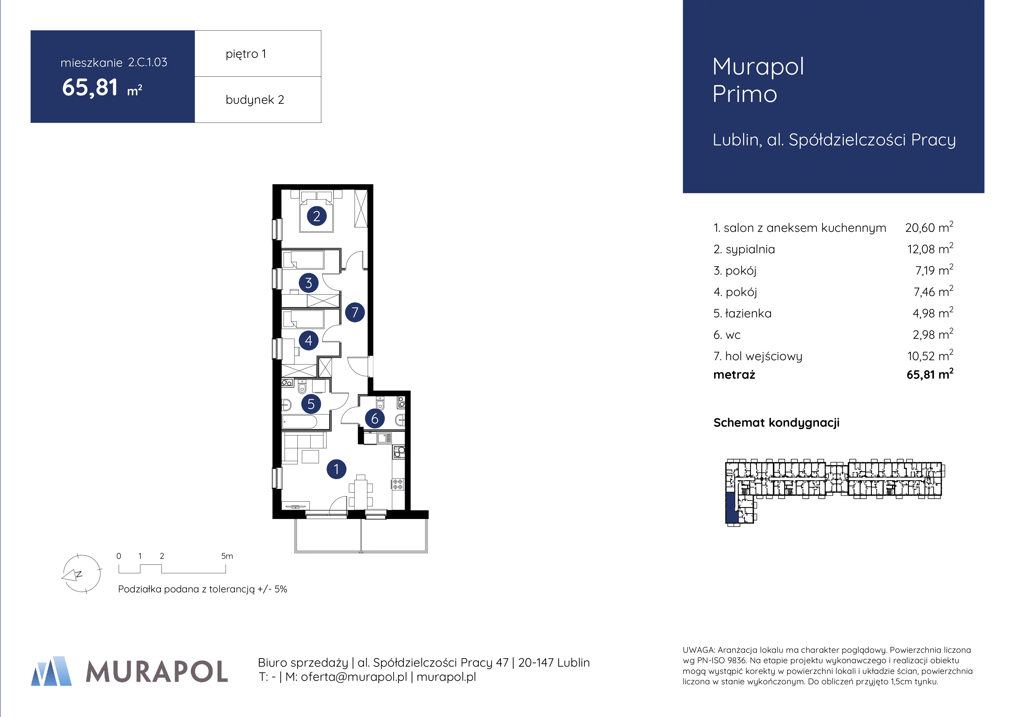 Mieszkanie 65,81 m², piętro 1, oferta nr 2.C.1.03, Murapol Primo, Lublin, Ponikwoda, al. Spółdzielczości Pracy