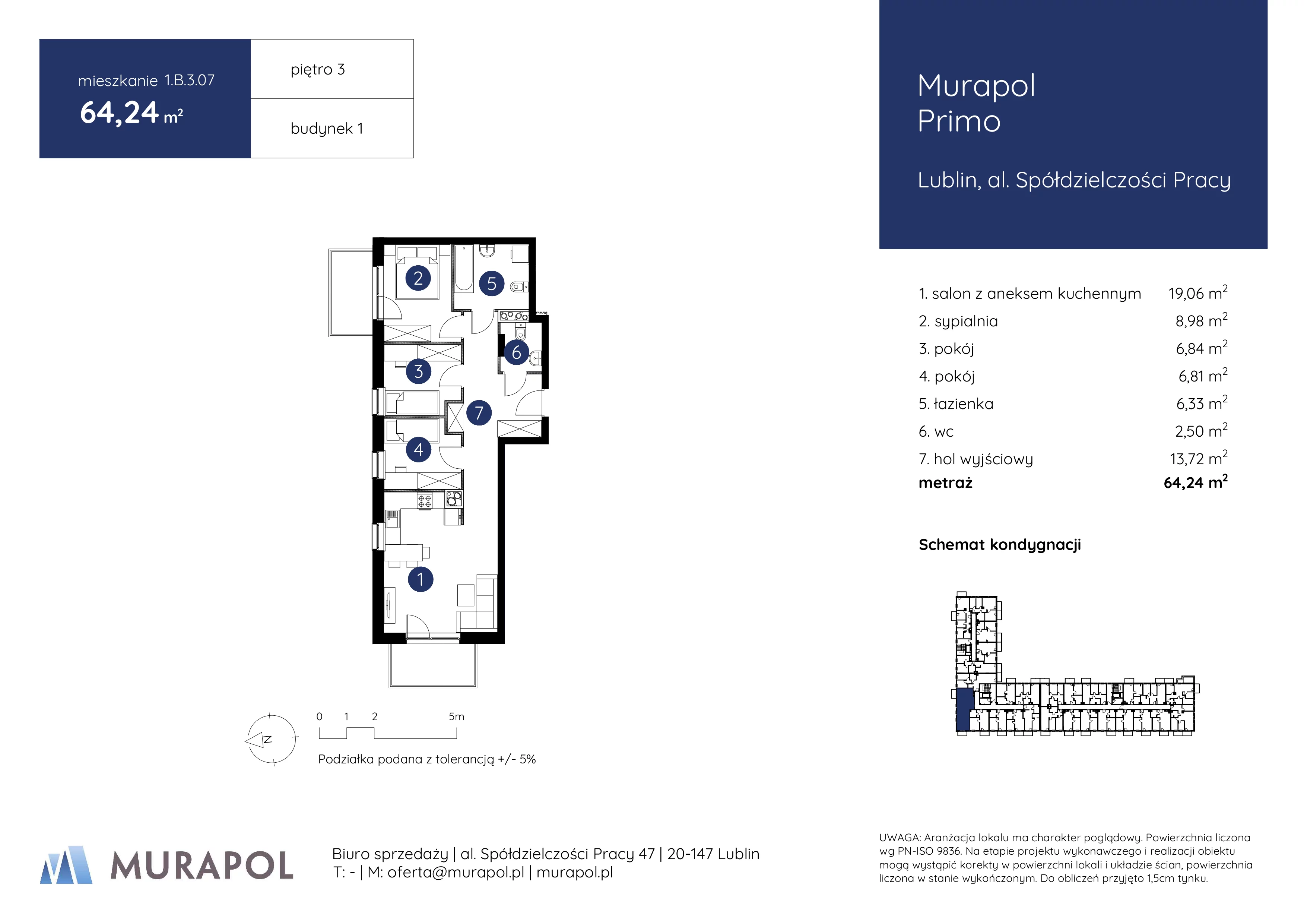 4 pokoje, mieszkanie 64,24 m², piętro 3, oferta nr 1.B.3.07, Murapol Primo, Lublin, Ponikwoda, al. Spółdzielczości Pracy