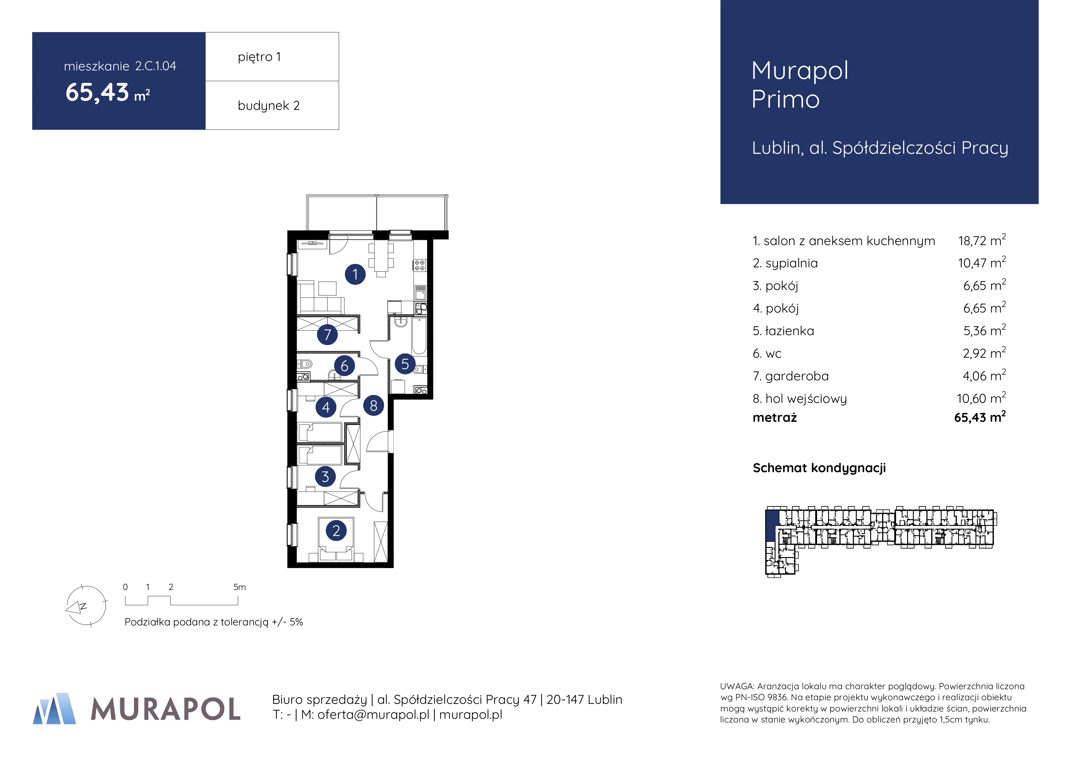 4 pokoje, mieszkanie 65,43 m², piętro 1, oferta nr 2.C.1.04, Murapol Primo, Lublin, Ponikwoda, al. Spółdzielczości Pracy