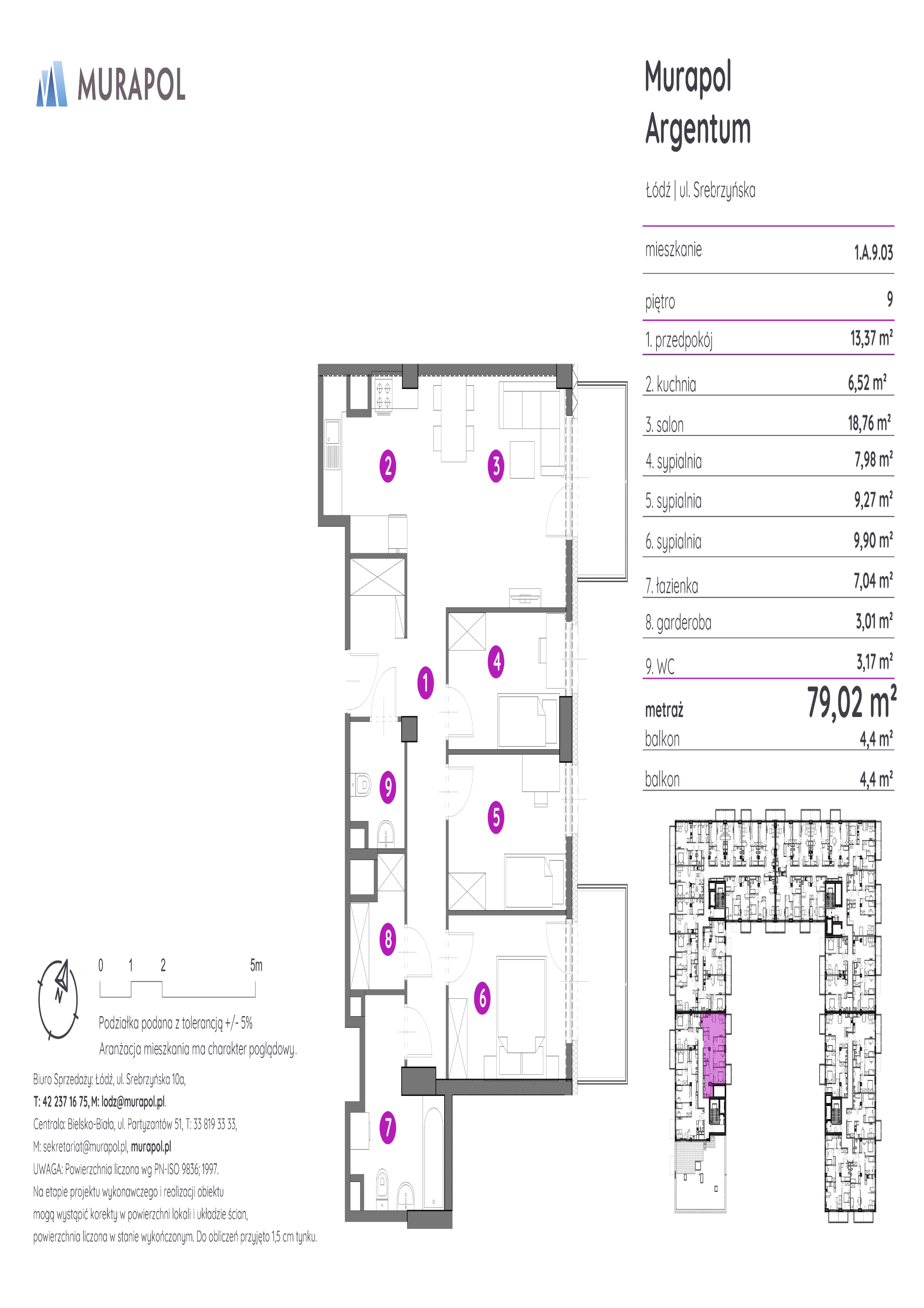 Mieszkanie 79,02 m², piętro 9, oferta nr 1.A.9.03, Murapol Argentum, Łódź, Polesie, Stare Polesie, ul. Srebrzyńska