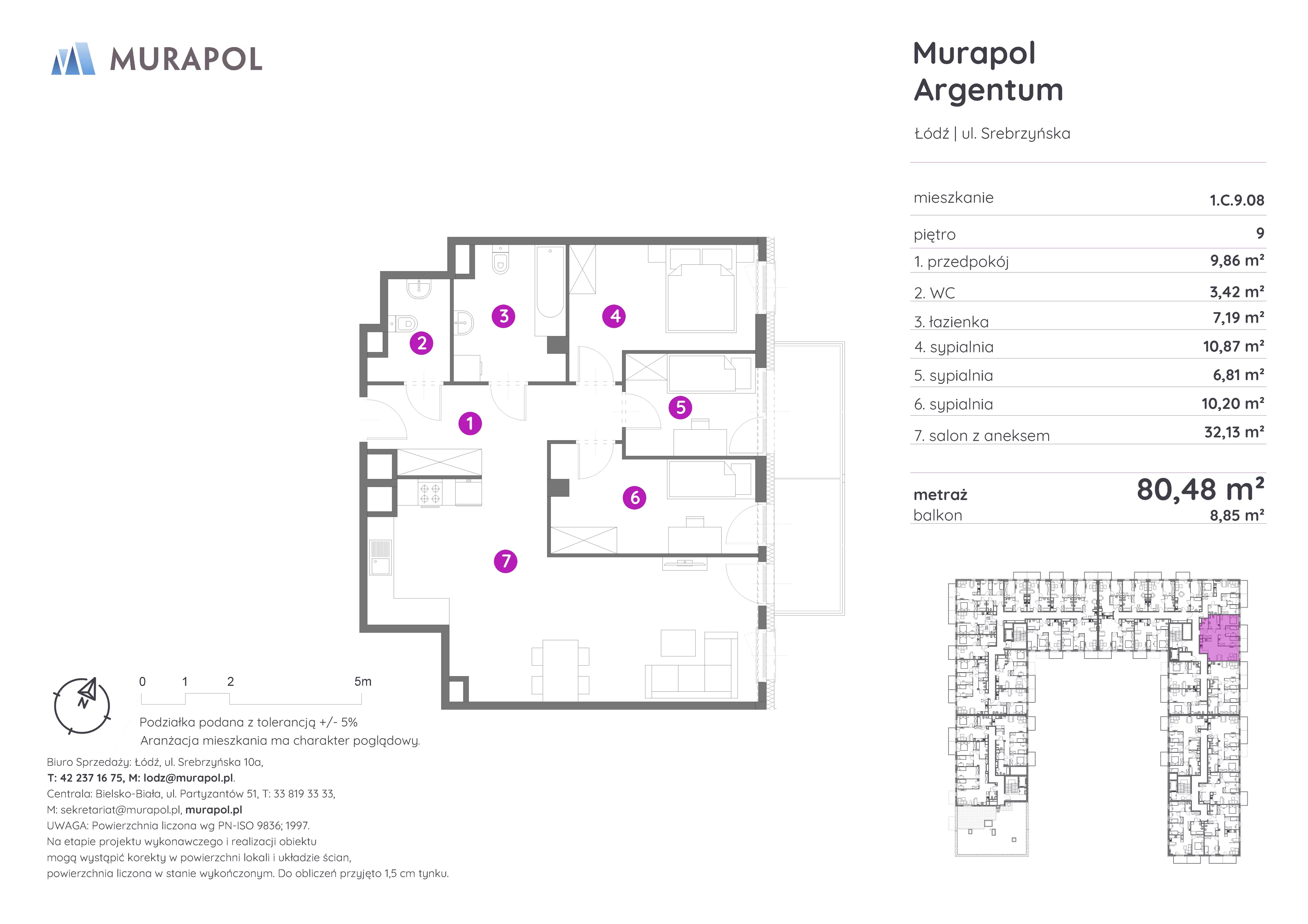 Mieszkanie 80,48 m², piętro 9, oferta nr 1.C.9.08, Murapol Argentum, Łódź, Polesie, Stare Polesie, ul. Srebrzyńska