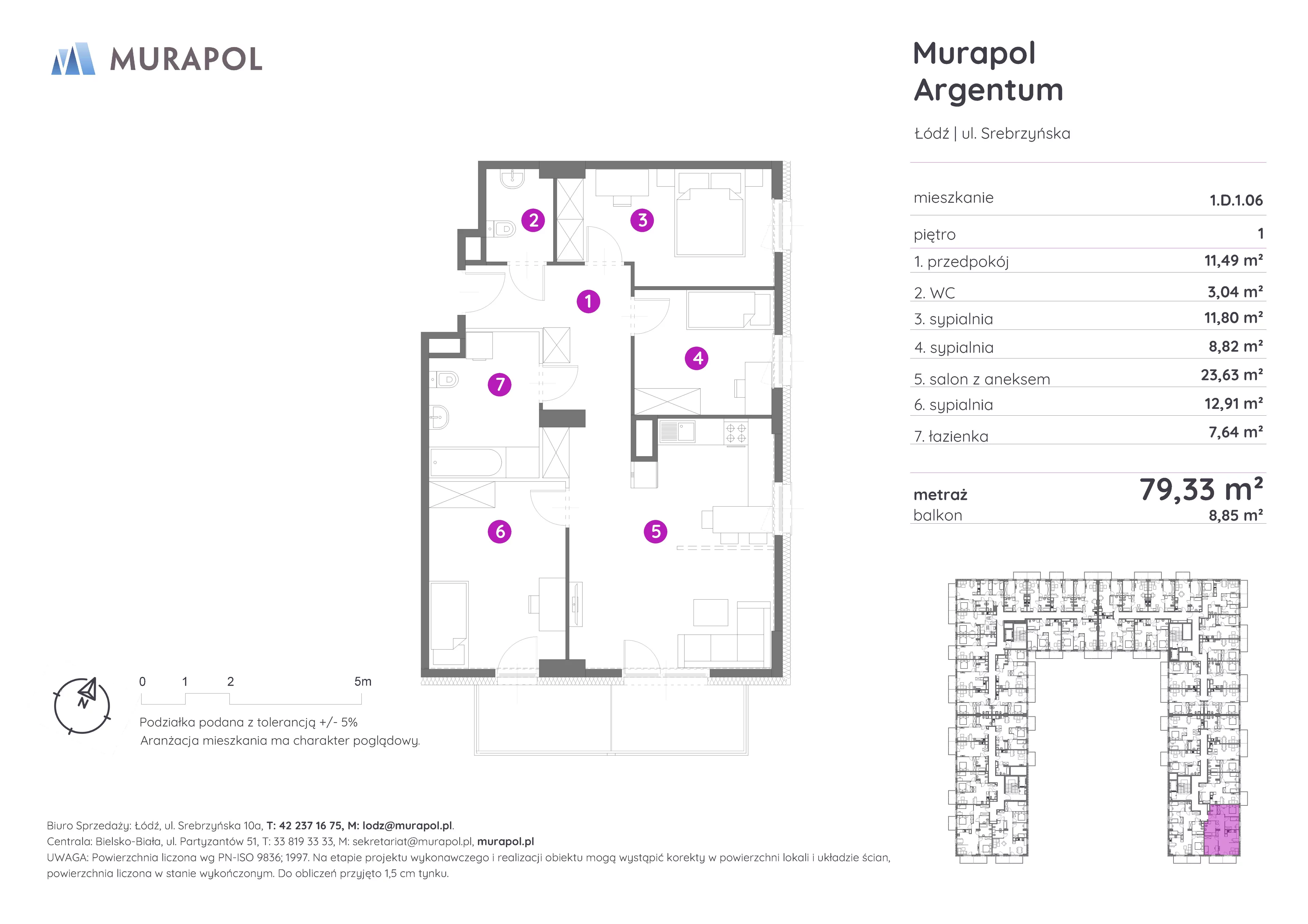 Mieszkanie 79,33 m², piętro 1, oferta nr 1.D.1.06, Murapol Argentum, Łódź, Polesie, Stare Polesie, ul. Srebrzyńska-idx