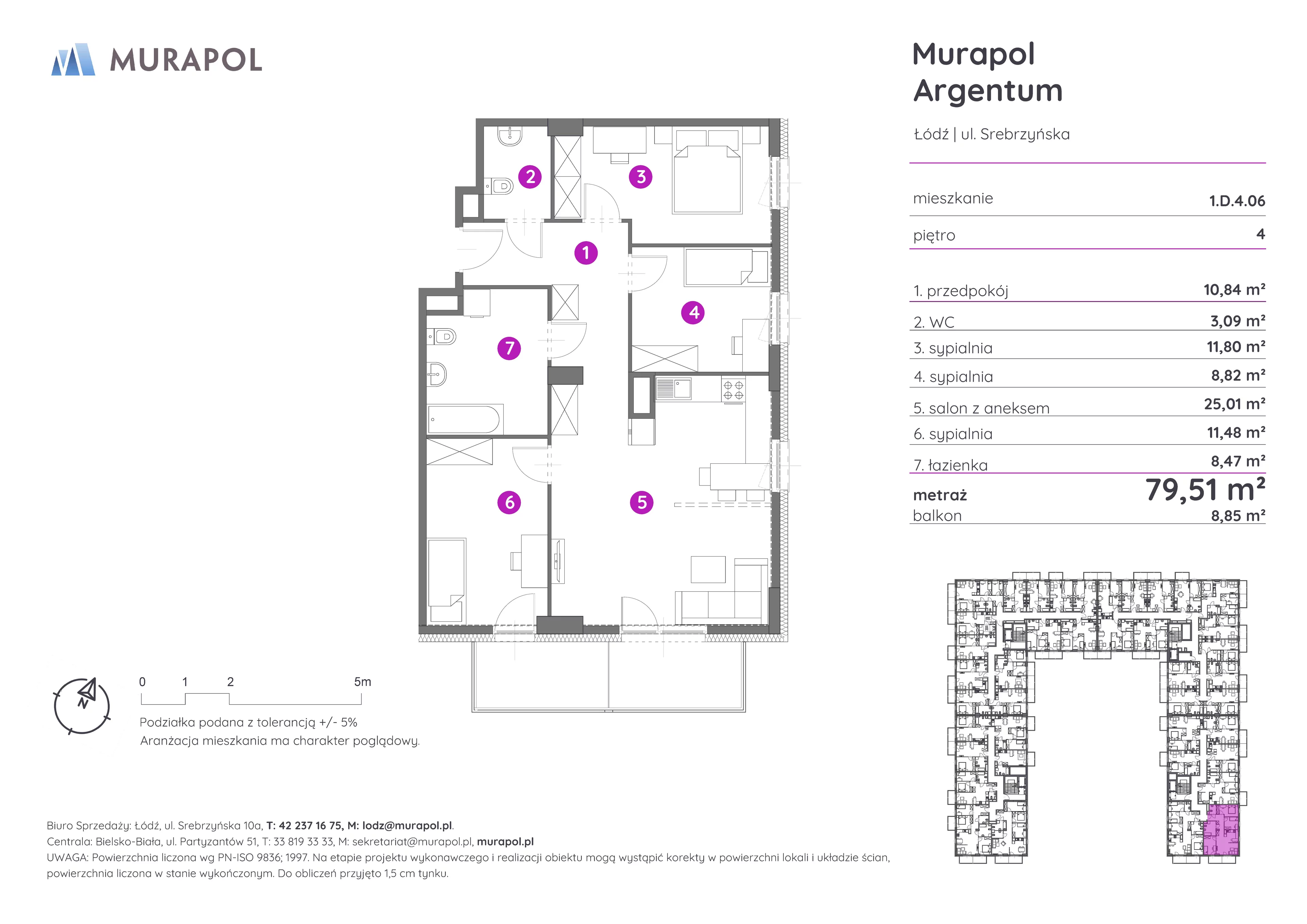 Mieszkanie 79,51 m², piętro 4, oferta nr 1.D.4.06, Murapol Argentum, Łódź, Polesie, Stare Polesie, ul. Srebrzyńska