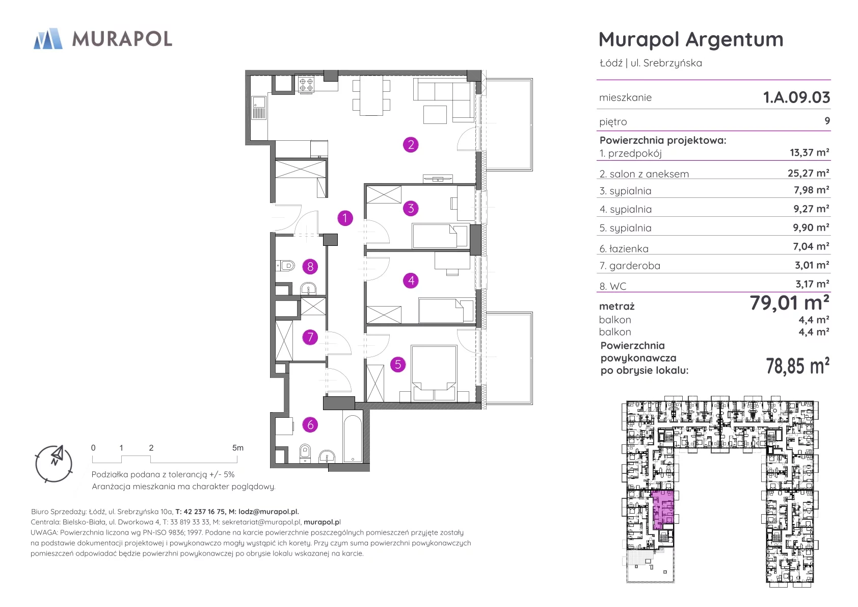 4 pokoje, mieszkanie 78,85 m², piętro 9, oferta nr 1.A.9.03, Murapol Argentum, Łódź, Polesie, Stare Polesie, ul. Srebrzyńska