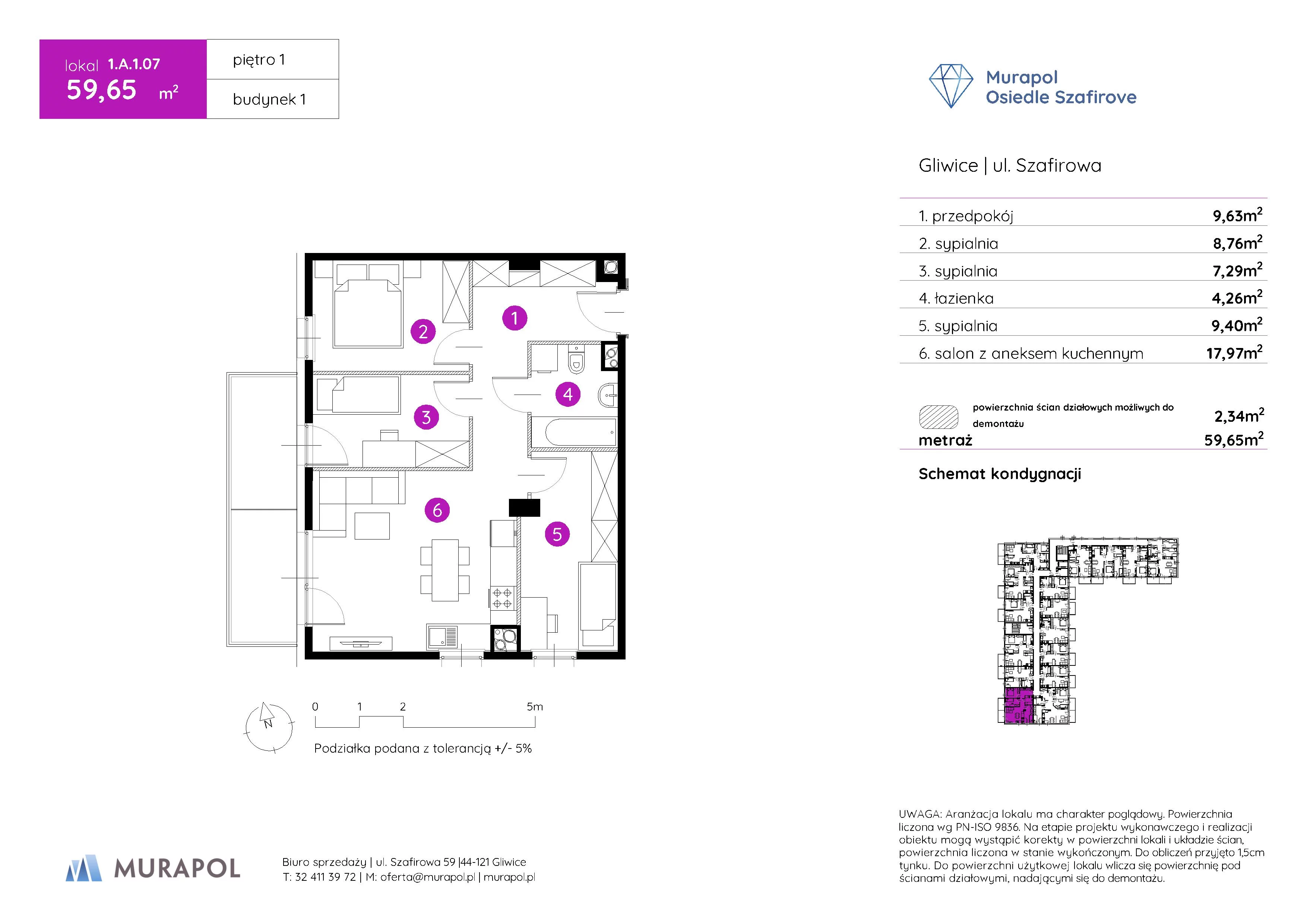 Mieszkanie 59,65 m², piętro 1, oferta nr 1.A.1.07, Murapol Osiedle Szafirove, Gliwice, Stare Gliwice, ul. Szafirowa