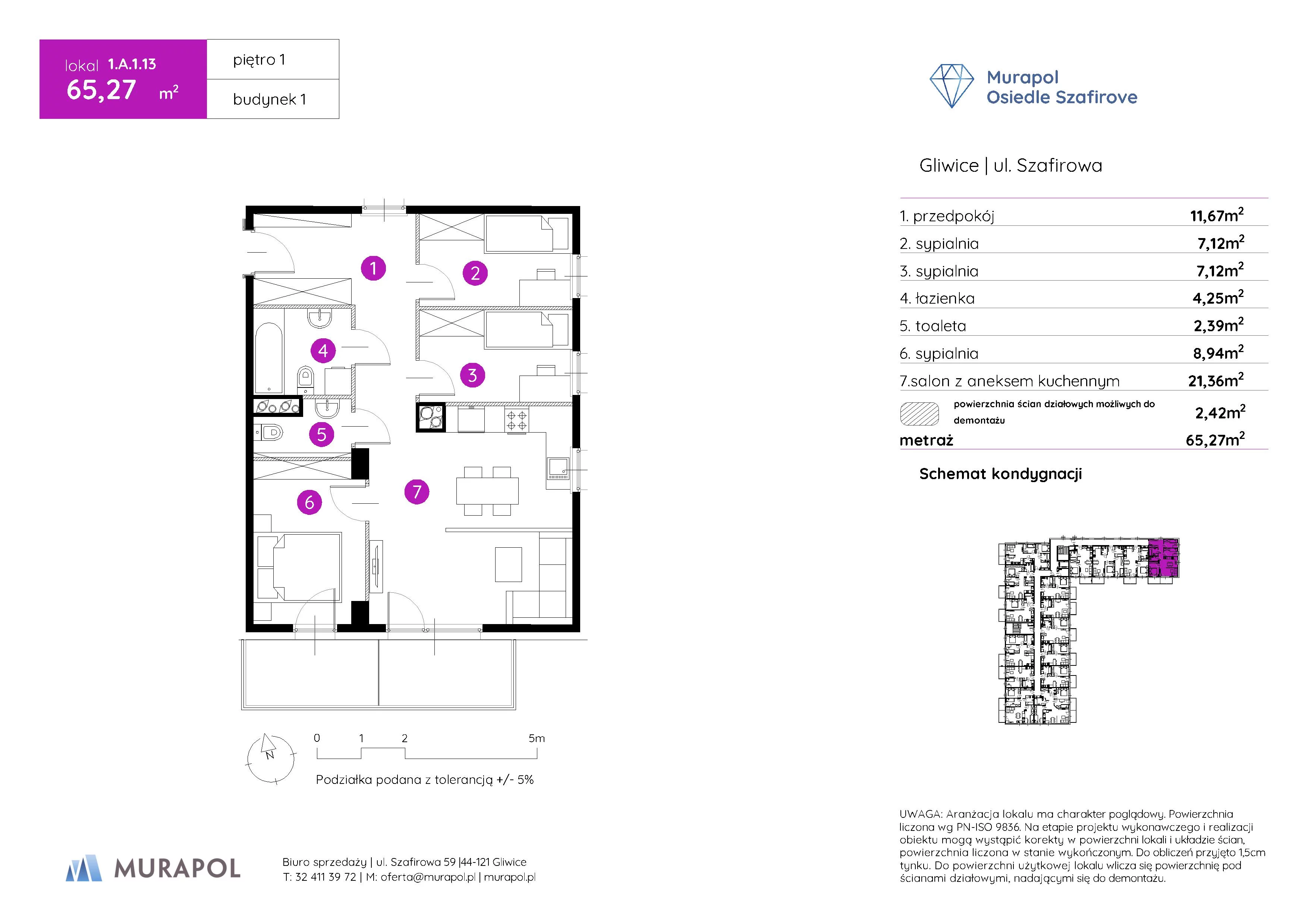 Mieszkanie 65,27 m², piętro 1, oferta nr 1.A.1.13, Murapol Osiedle Szafirove, Gliwice, Stare Gliwice, ul. Szafirowa