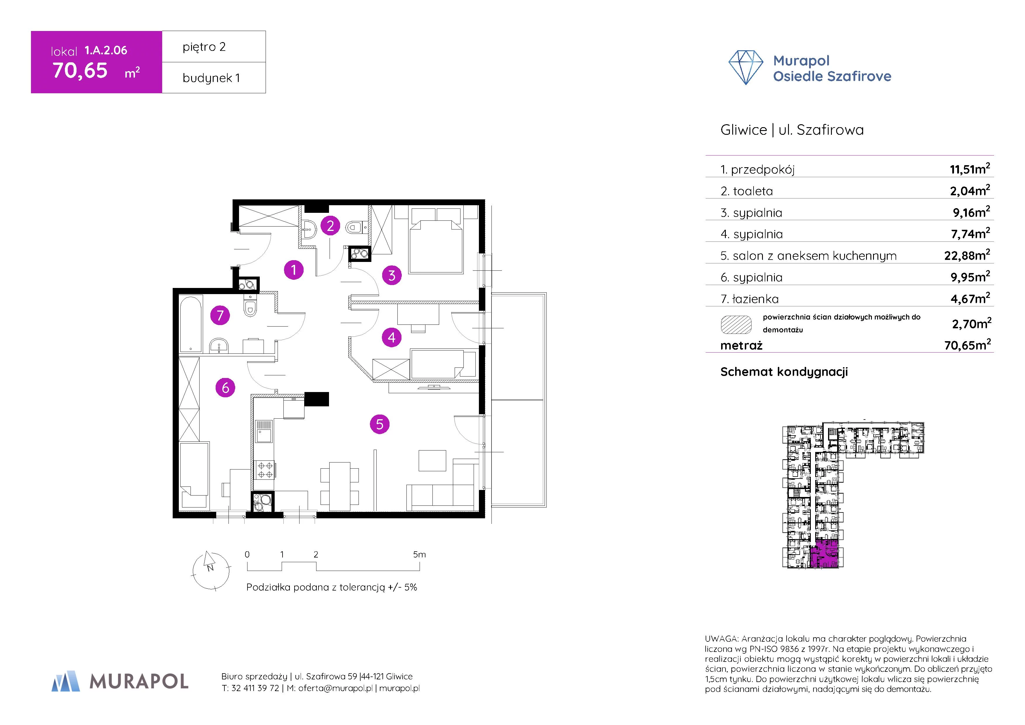 Mieszkanie 70,65 m², piętro 2, oferta nr 1.A.2.06, Murapol Osiedle Szafirove, Gliwice, Stare Gliwice, ul. Szafirowa