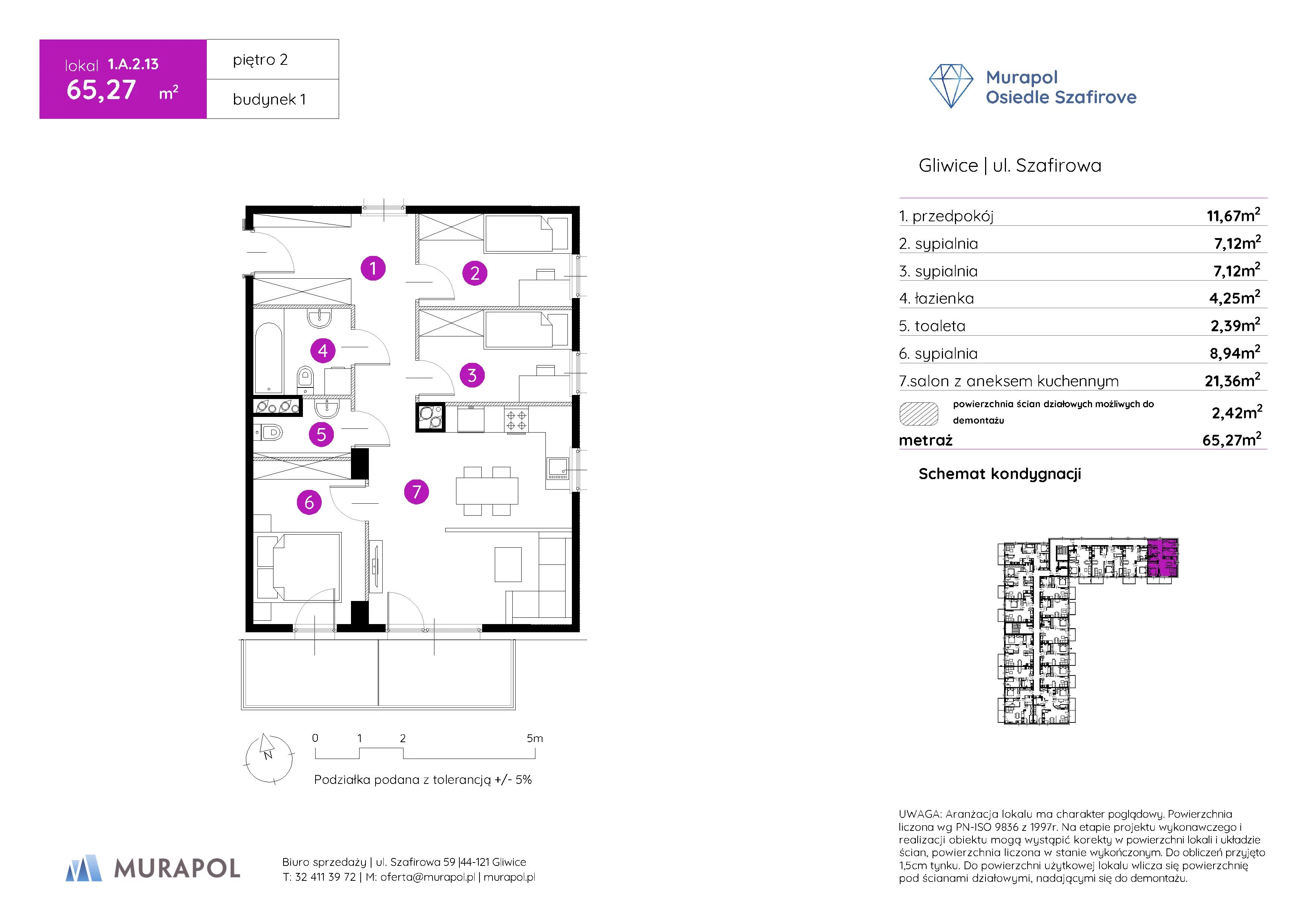 Mieszkanie 65,27 m², piętro 2, oferta nr 1.A.2.13, Murapol Osiedle Szafirove, Gliwice, Stare Gliwice, ul. Szafirowa