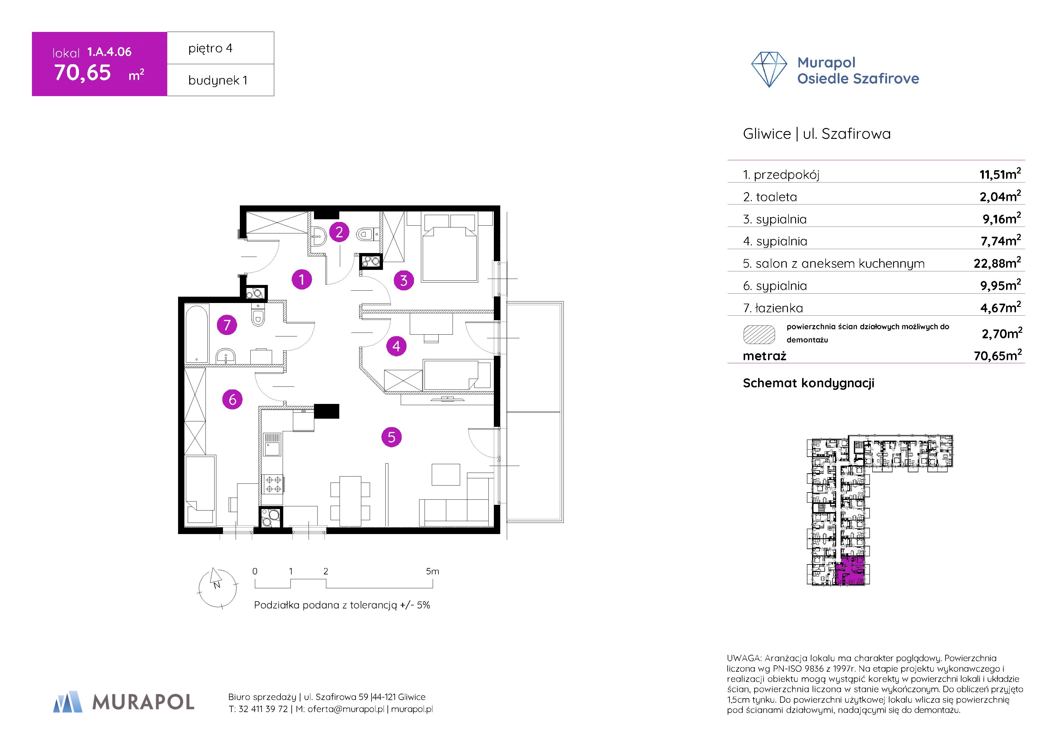 Mieszkanie 70,65 m², piętro 4, oferta nr 1.A.4.06, Murapol Osiedle Szafirove, Gliwice, Stare Gliwice, ul. Szafirowa