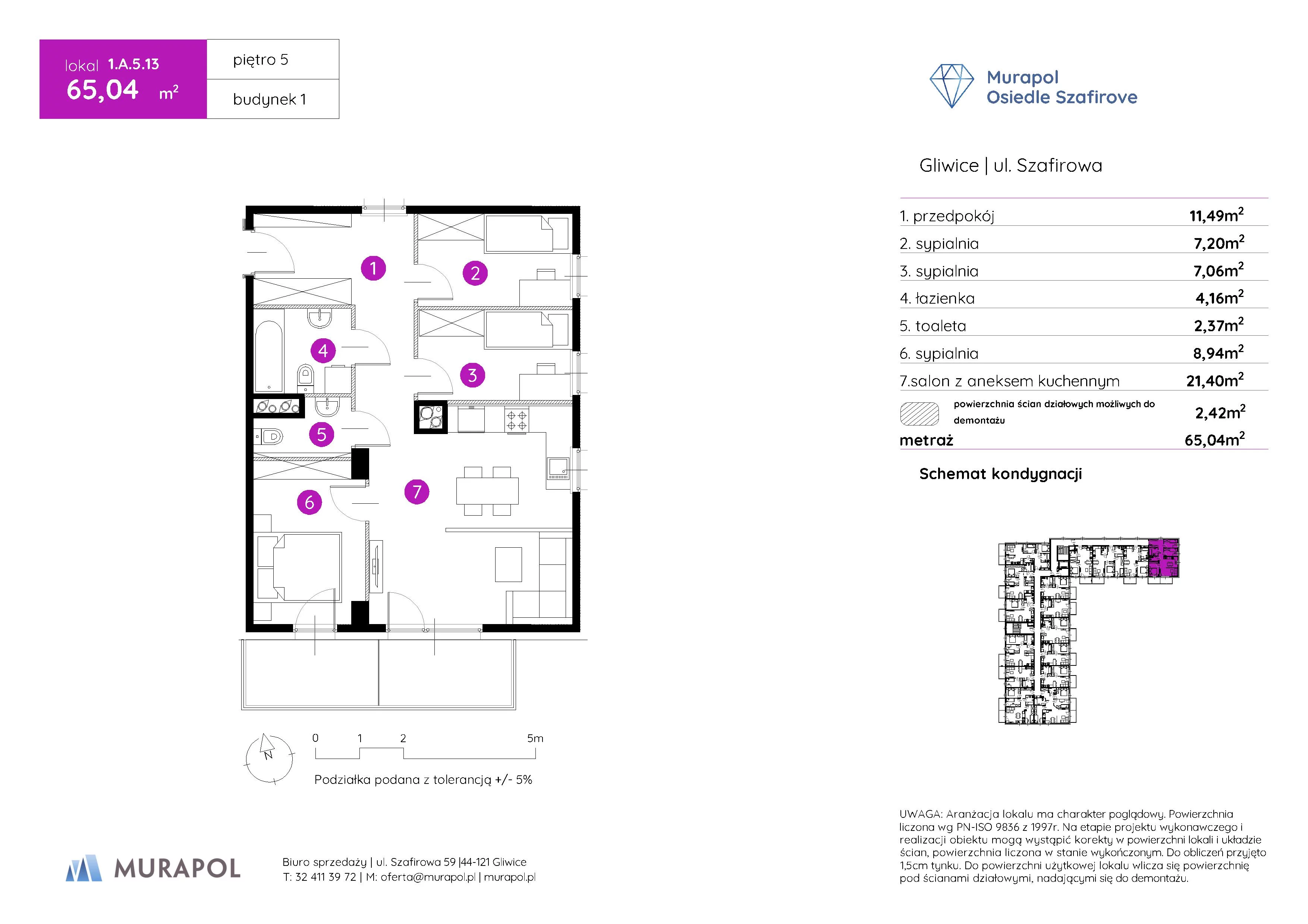 Mieszkanie 65,04 m², piętro 5, oferta nr 1.A.5.13, Murapol Osiedle Szafirove, Gliwice, Stare Gliwice, ul. Szafirowa