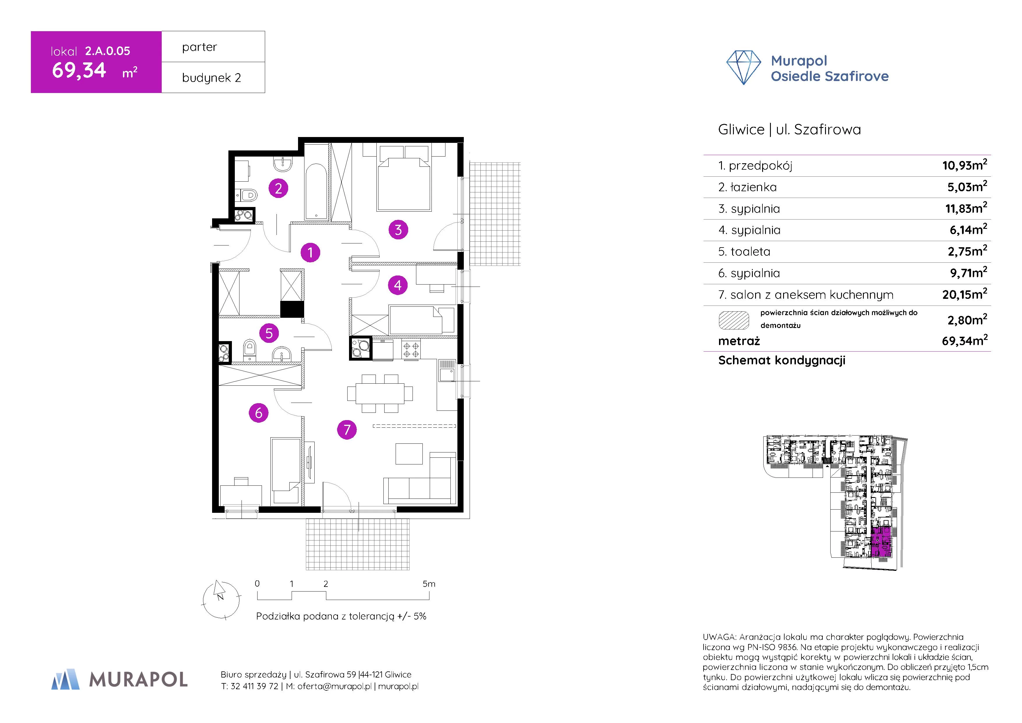 Mieszkanie 69,34 m², parter, oferta nr 2.A.0.05, Murapol Osiedle Szafirove, Gliwice, Stare Gliwice, ul. Szafirowa