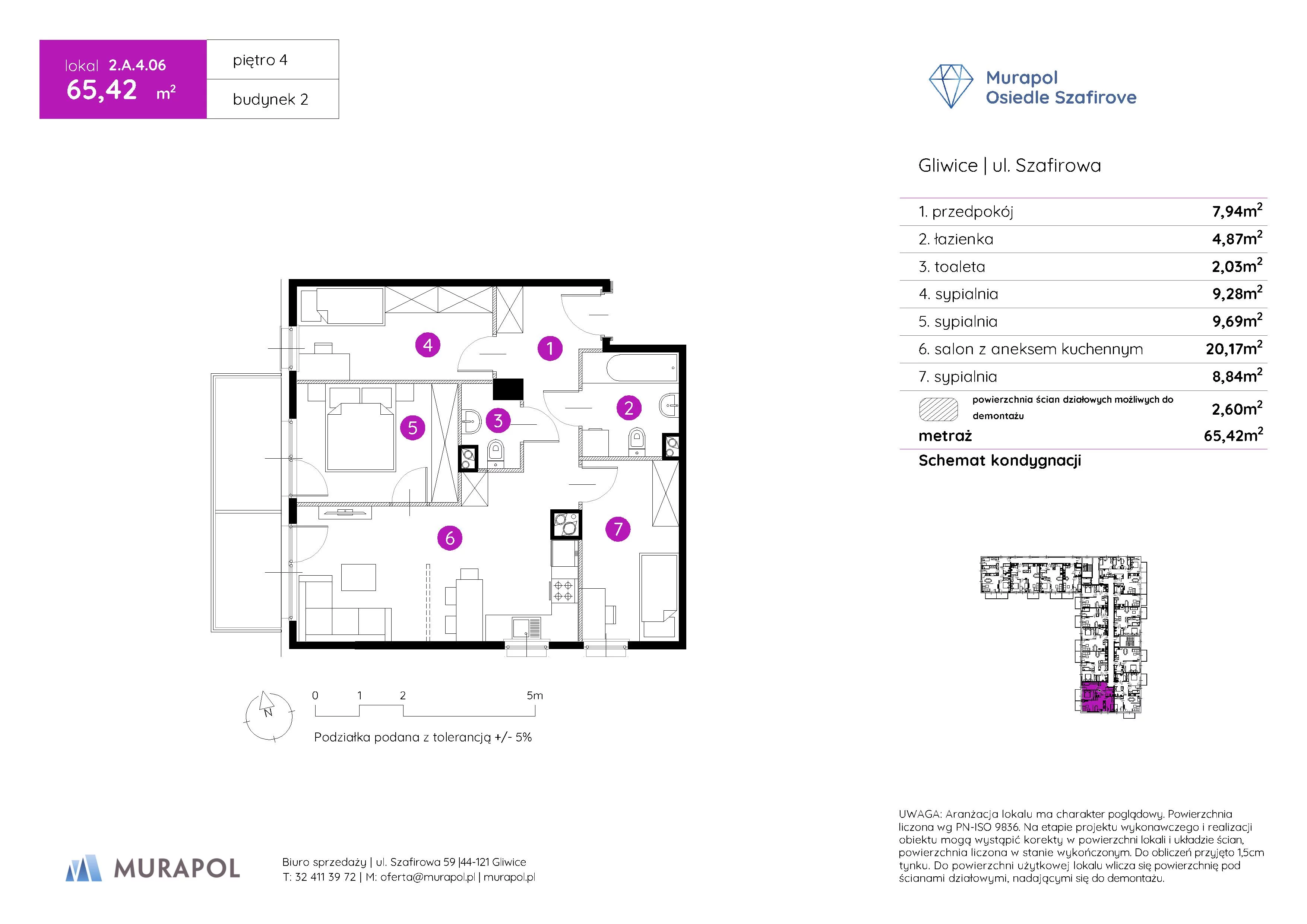 Mieszkanie 65,42 m², piętro 4, oferta nr 2.A.4.06, Murapol Osiedle Szafirove, Gliwice, Stare Gliwice, ul. Szafirowa