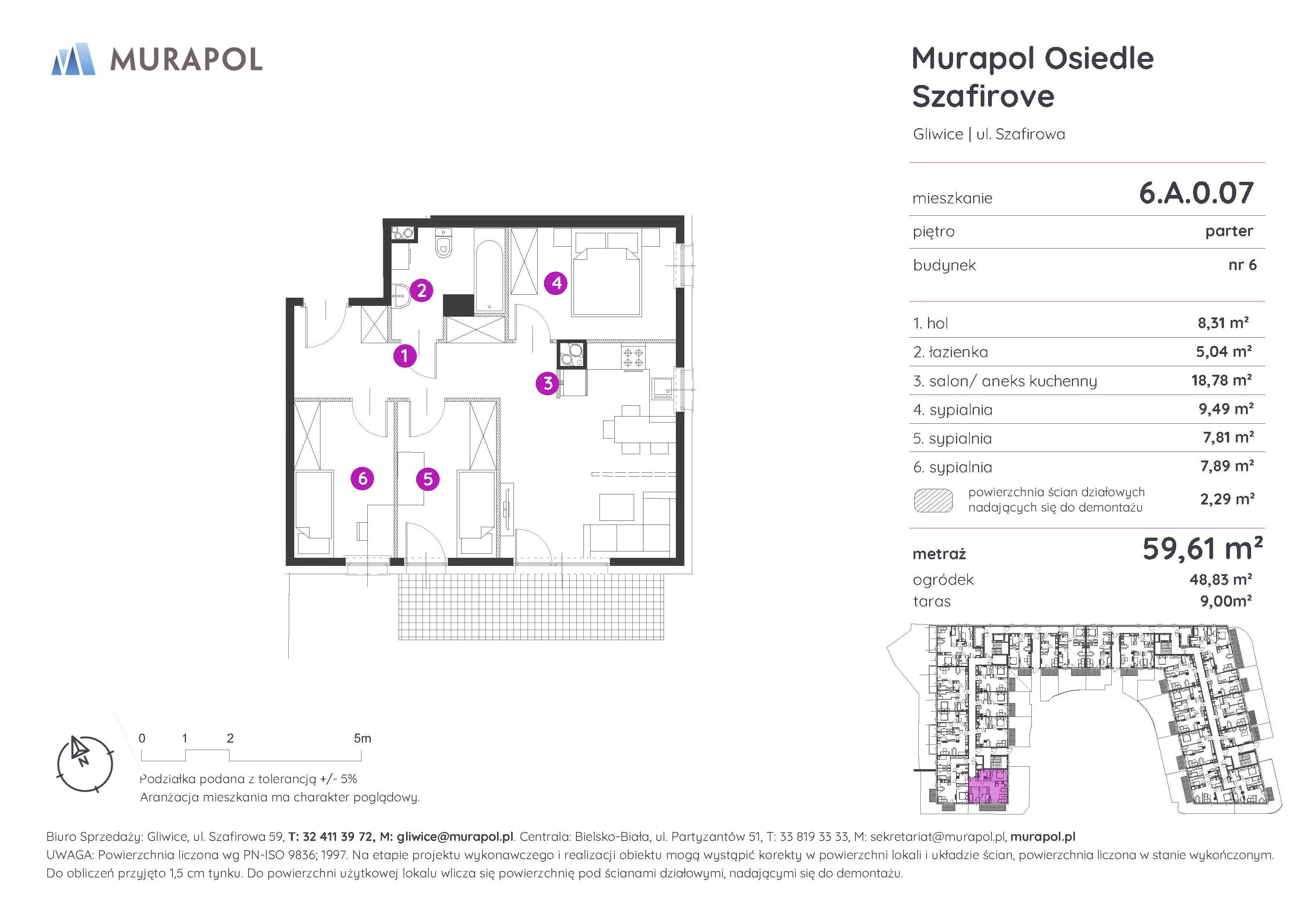 Mieszkanie 59,61 m², parter, oferta nr 6.A.0.07, Murapol Osiedle Szafirove, Gliwice, Stare Gliwice, ul. Szafirowa