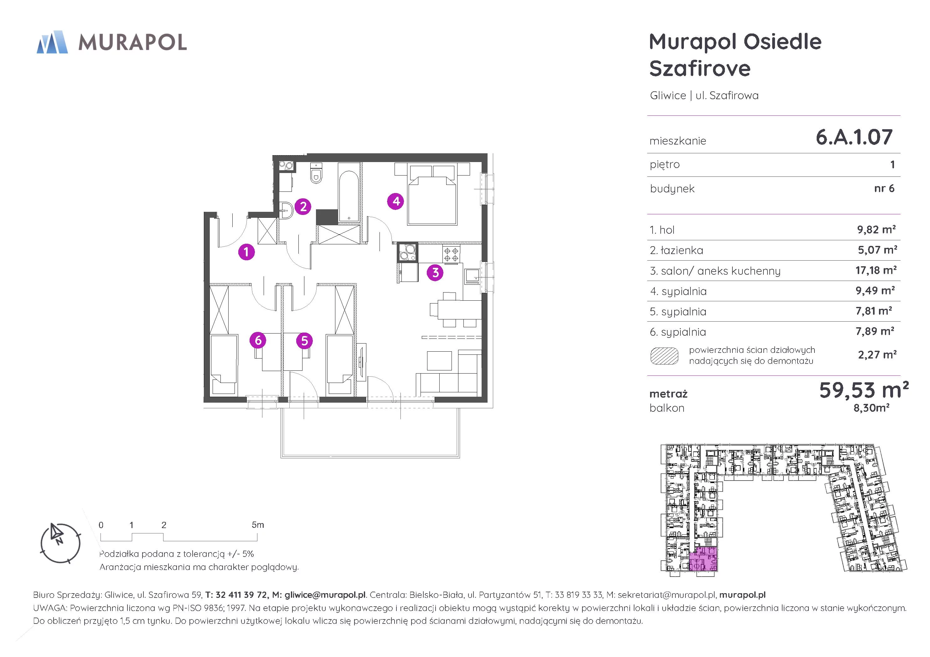 Mieszkanie 59,53 m², piętro 1, oferta nr 6.A.1.07, Murapol Osiedle Szafirove, Gliwice, Stare Gliwice, ul. Szafirowa