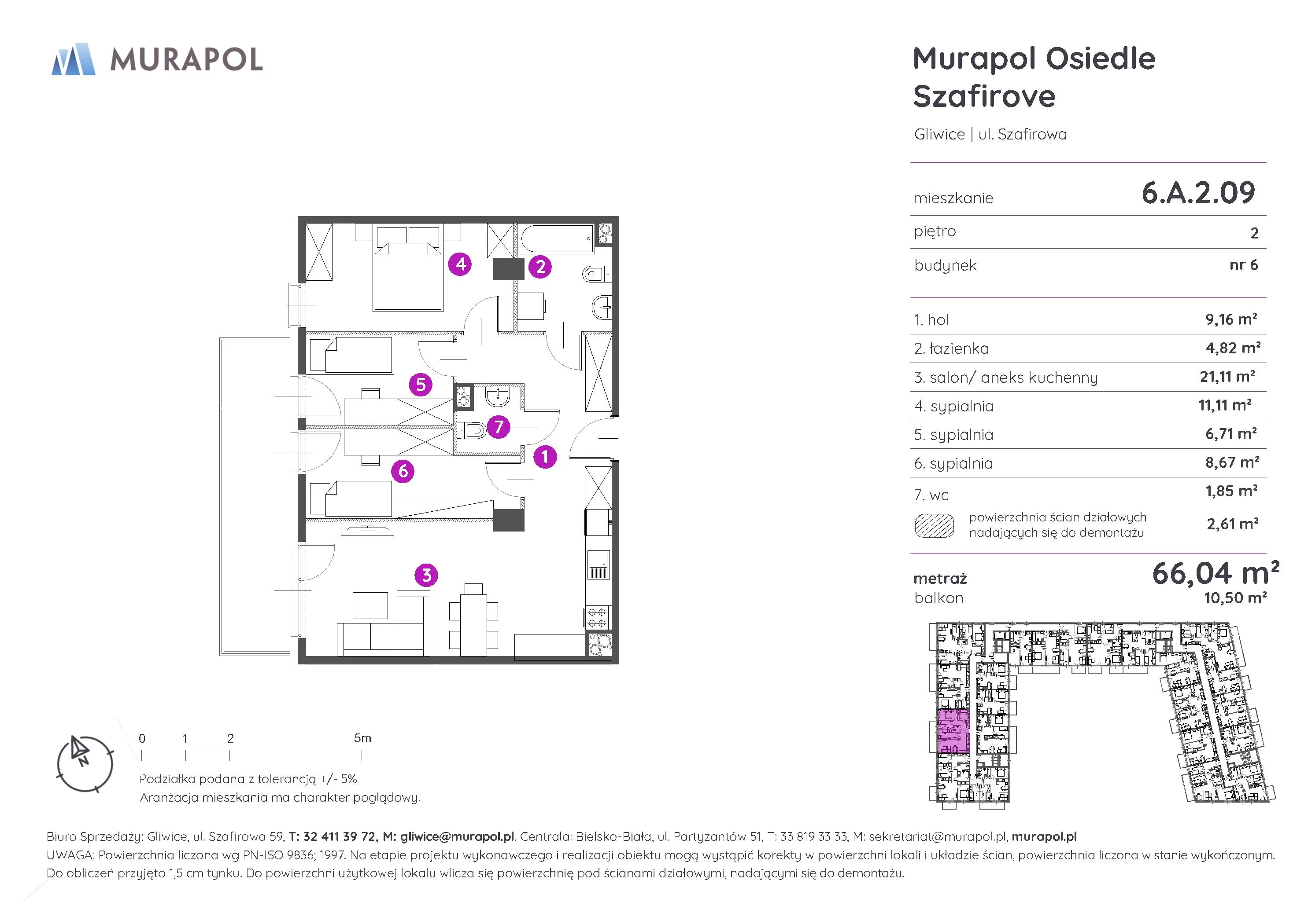 Mieszkanie 66,04 m², piętro 2, oferta nr 6.A.2.09, Murapol Osiedle Szafirove, Gliwice, Stare Gliwice, ul. Szafirowa