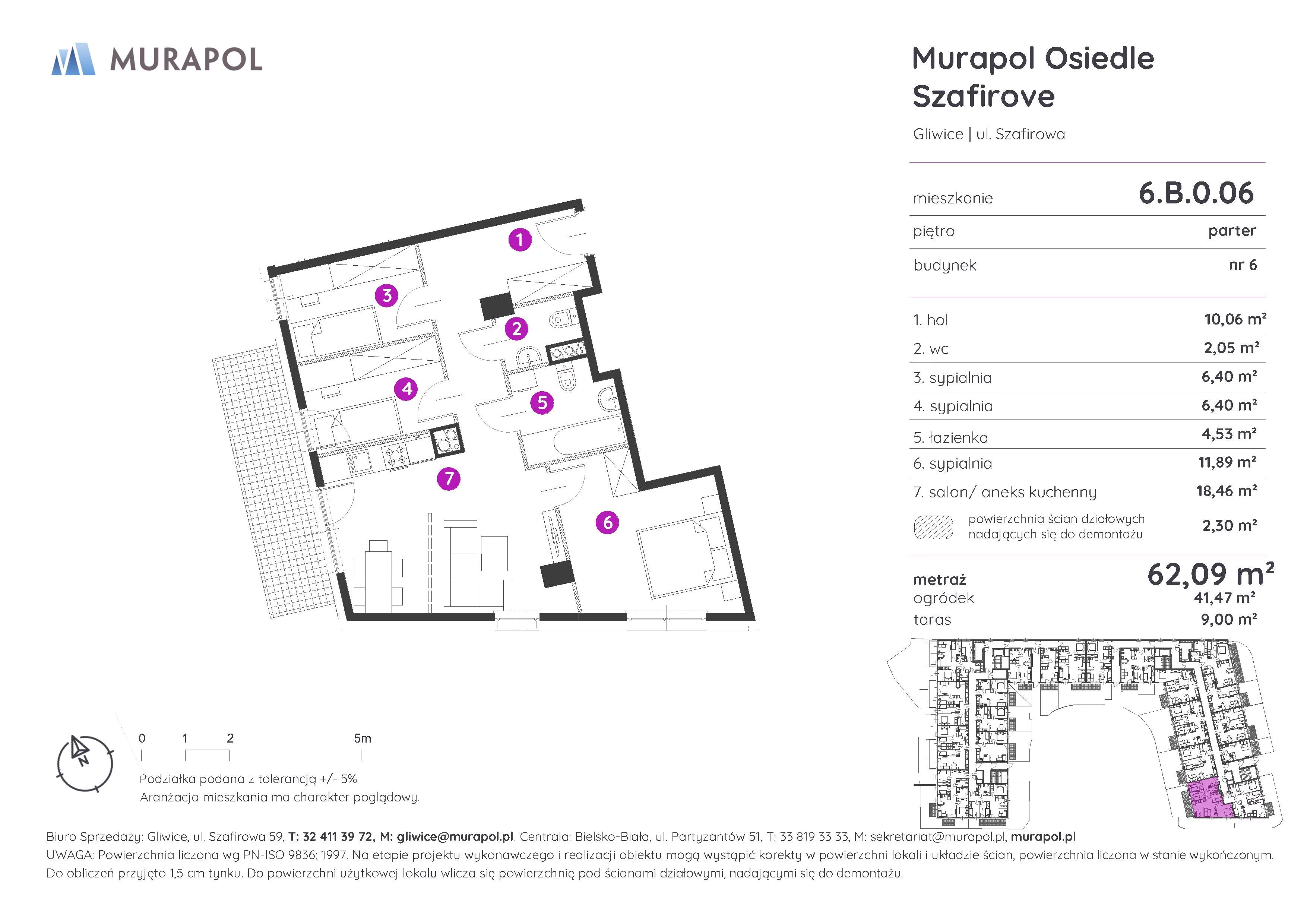 Mieszkanie 62,09 m², parter, oferta nr 6.B.0.06, Murapol Osiedle Szafirove, Gliwice, Stare Gliwice, ul. Szafirowa