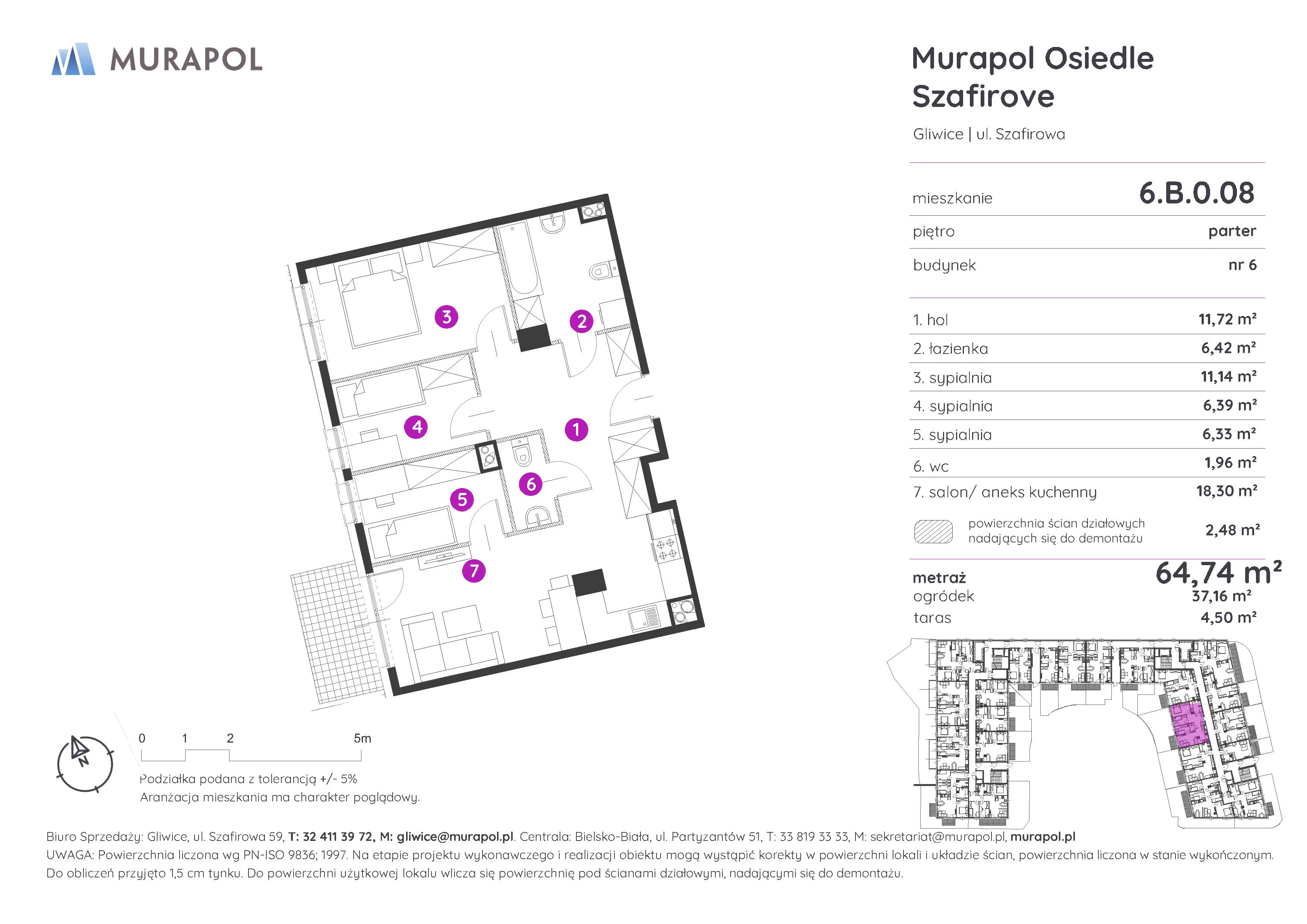 Mieszkanie 64,74 m², parter, oferta nr 6.B.0.08, Murapol Osiedle Szafirove, Gliwice, Stare Gliwice, ul. Szafirowa