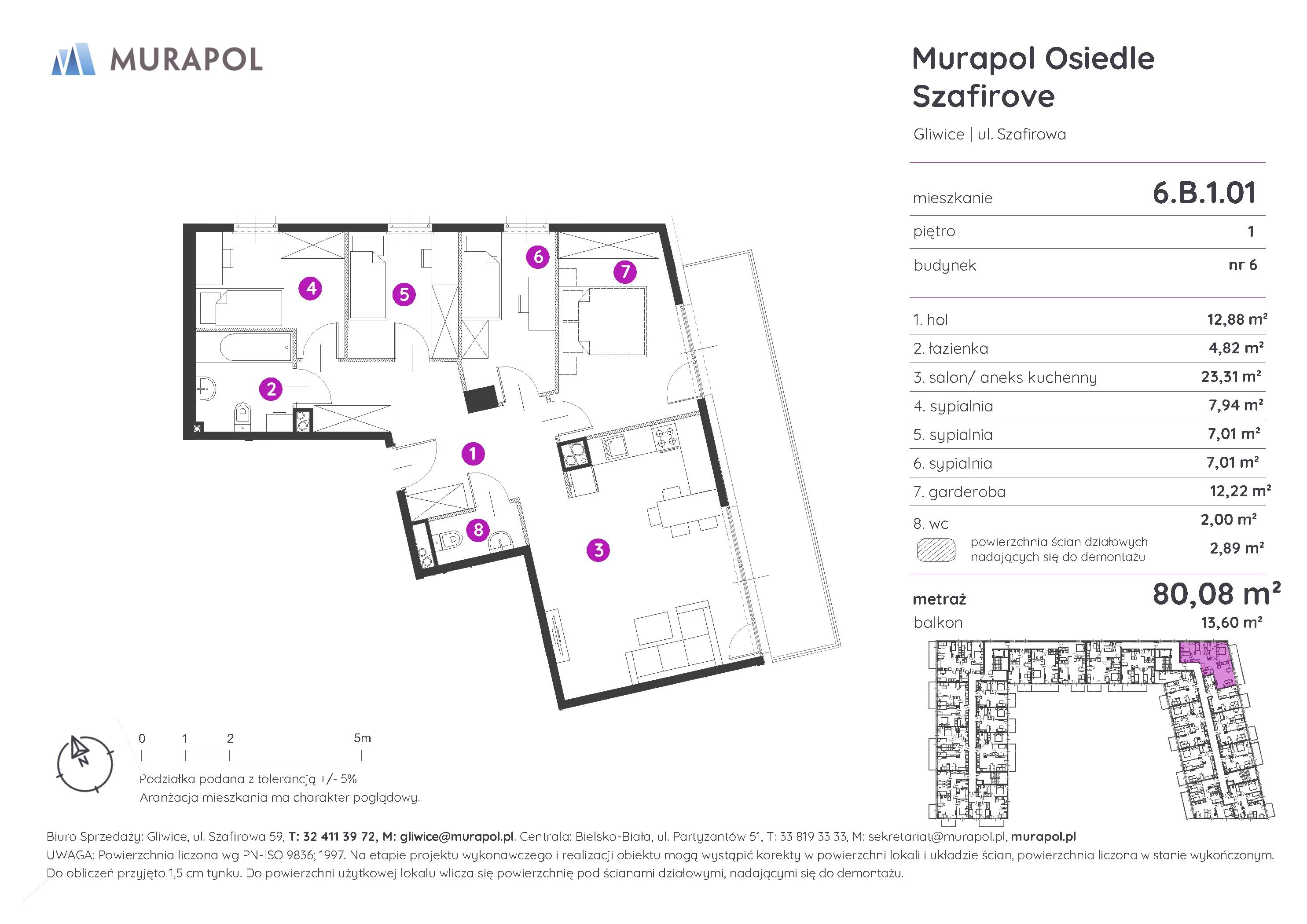 Mieszkanie 80,08 m², piętro 1, oferta nr 6.B.1.01, Murapol Osiedle Szafirove, Gliwice, Stare Gliwice, ul. Szafirowa-idx