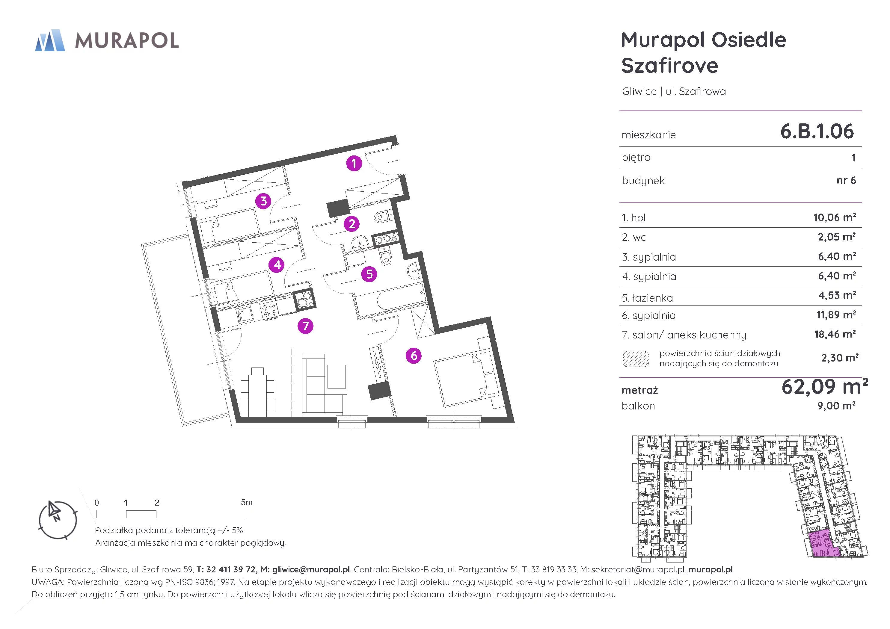 Mieszkanie 62,09 m², piętro 1, oferta nr 6.B.1.06, Murapol Osiedle Szafirove, Gliwice, Stare Gliwice, ul. Szafirowa