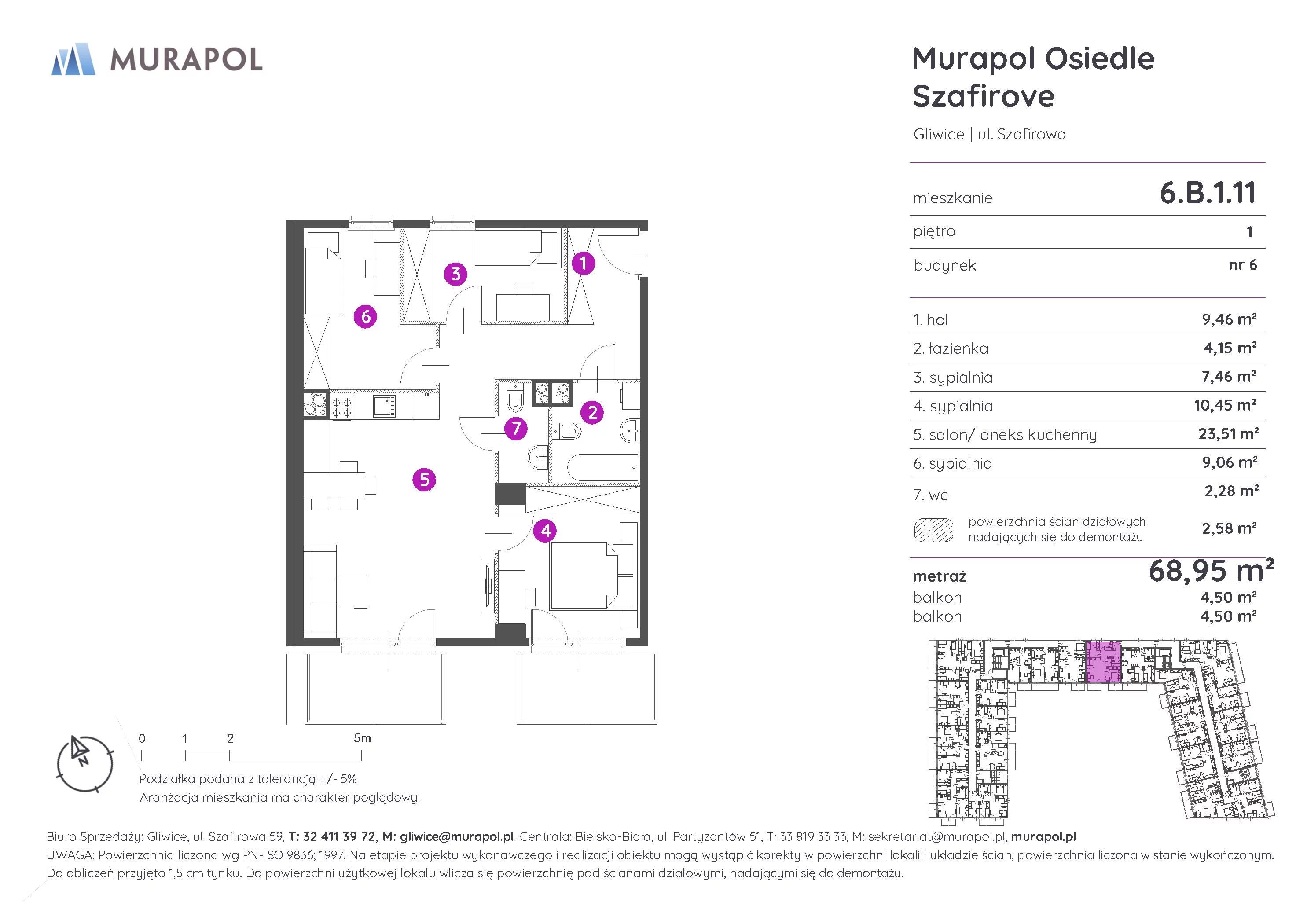 Mieszkanie 68,95 m², piętro 1, oferta nr 6.B.1.11, Murapol Osiedle Szafirove, Gliwice, Stare Gliwice, ul. Szafirowa