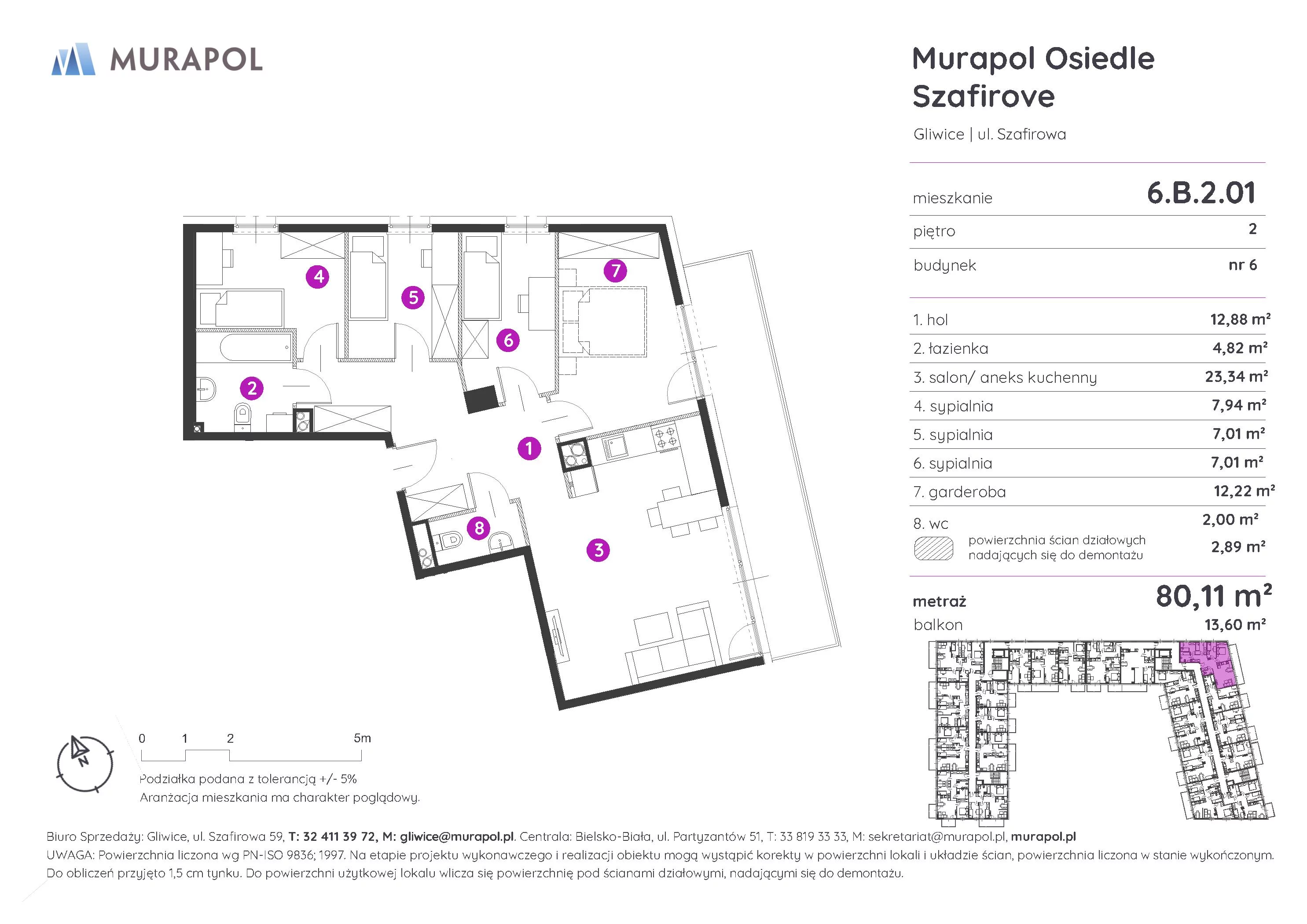 Mieszkanie 80,11 m², piętro 2, oferta nr 6.B.2.01, Murapol Osiedle Szafirove, Gliwice, Stare Gliwice, ul. Szafirowa