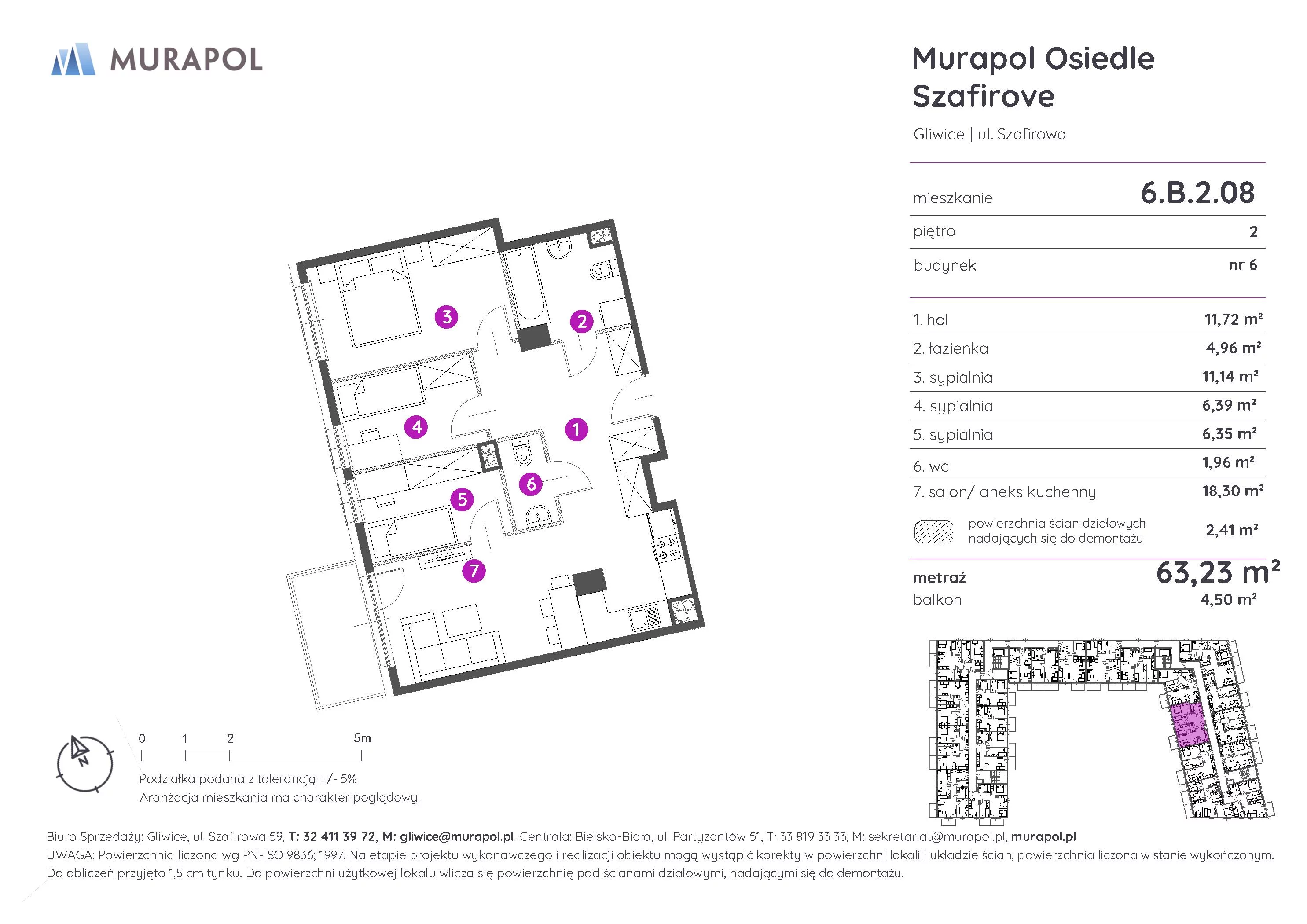 Mieszkanie 63,23 m², piętro 2, oferta nr 6.B.2.08, Murapol Osiedle Szafirove, Gliwice, Stare Gliwice, ul. Szafirowa-idx