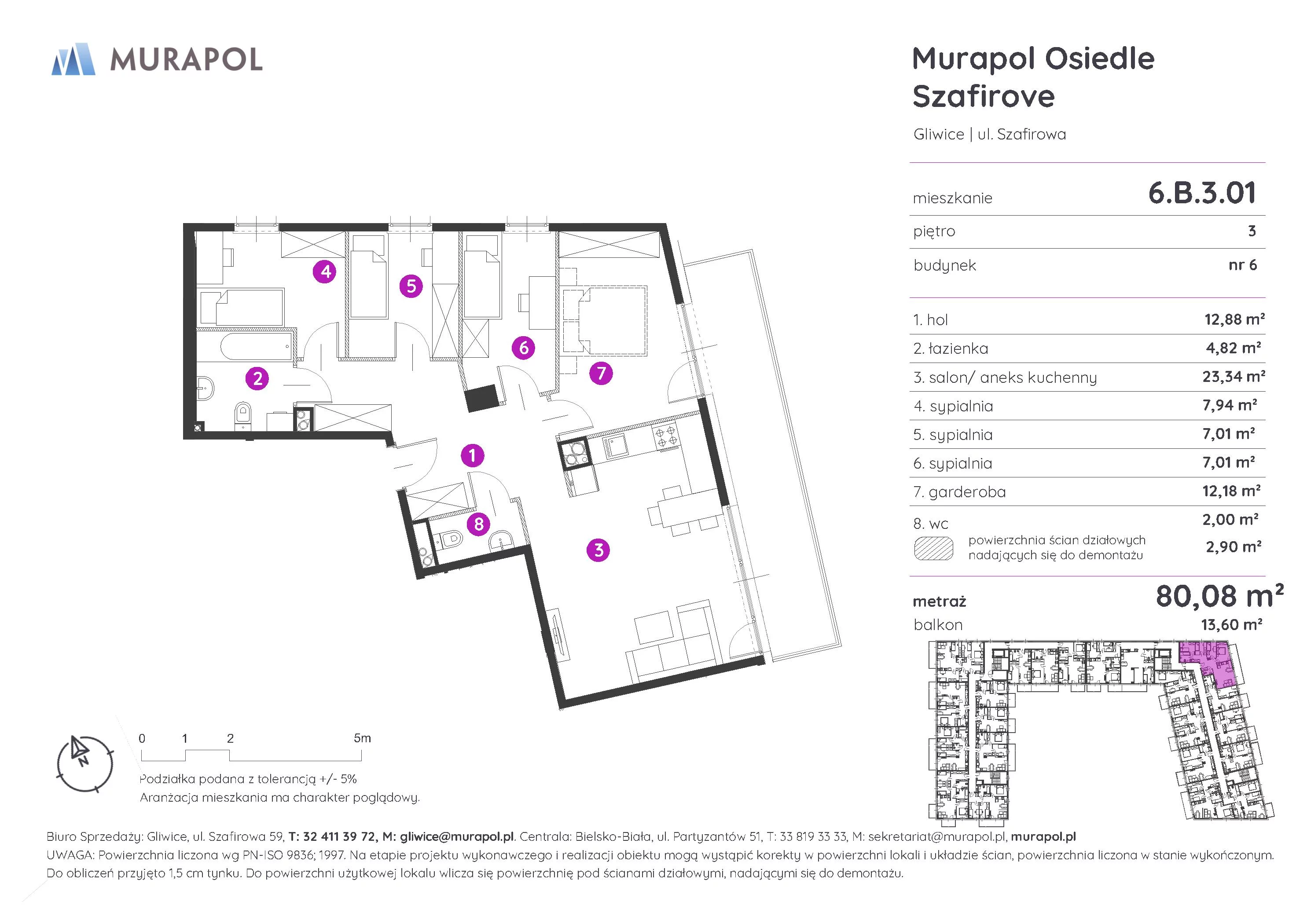 Mieszkanie 80,08 m², piętro 3, oferta nr 6.B.3.01, Murapol Osiedle Szafirove, Gliwice, Stare Gliwice, ul. Szafirowa