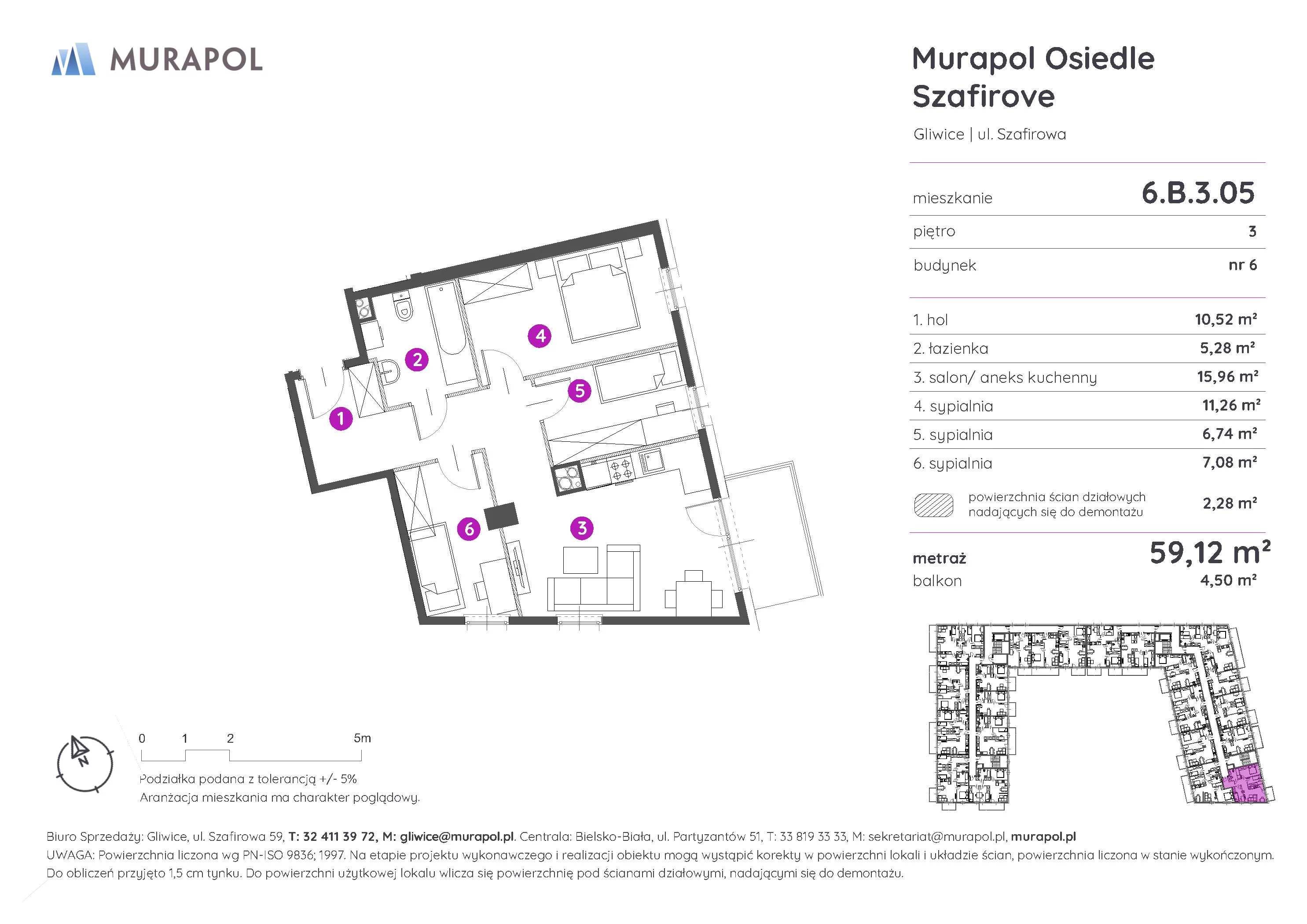 Mieszkanie 59,12 m², piętro 3, oferta nr 6.B.3.05, Murapol Osiedle Szafirove, Gliwice, Stare Gliwice, ul. Szafirowa