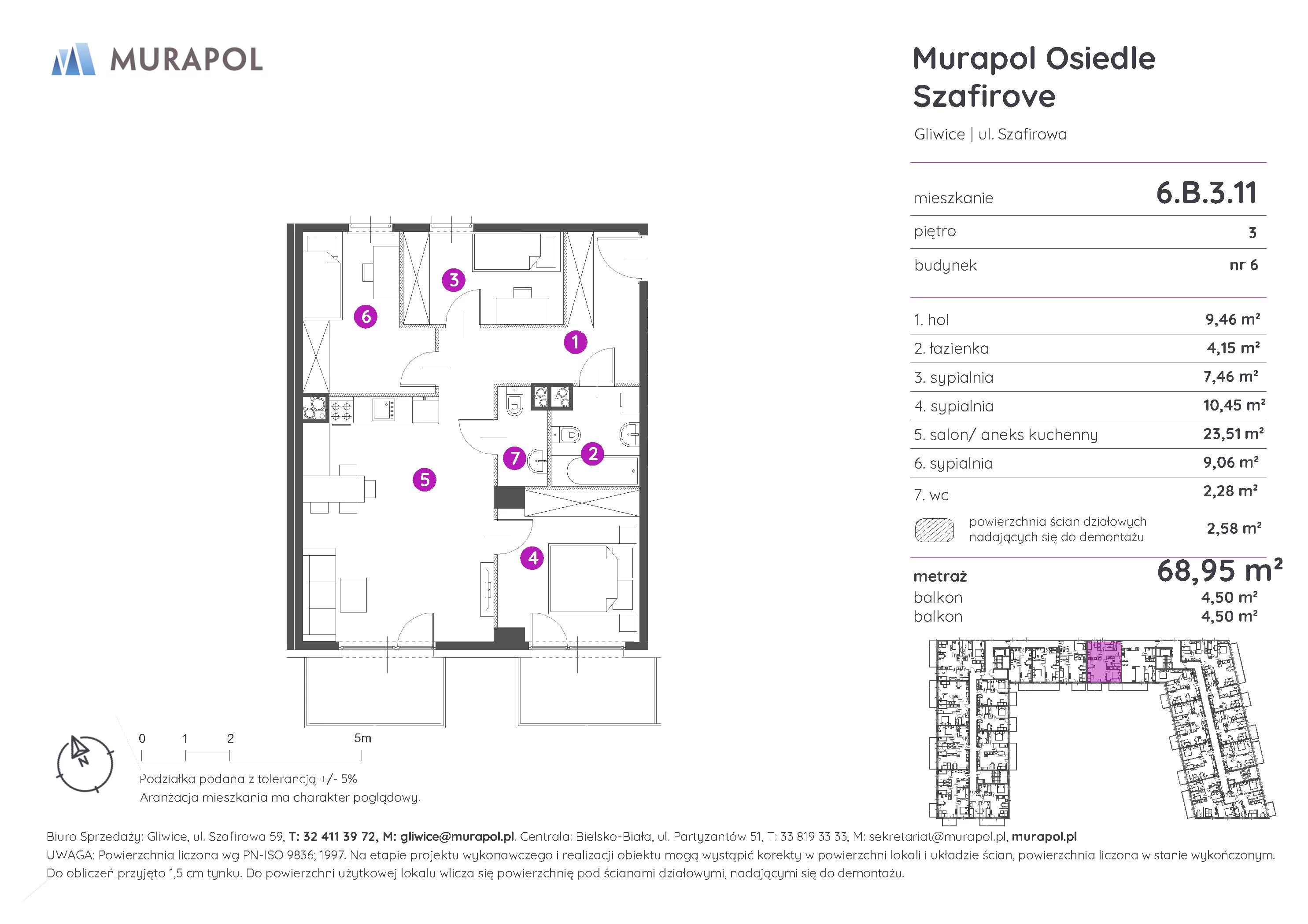 Mieszkanie 68,95 m², piętro 3, oferta nr 6.B.3.11, Murapol Osiedle Szafirove, Gliwice, Stare Gliwice, ul. Szafirowa