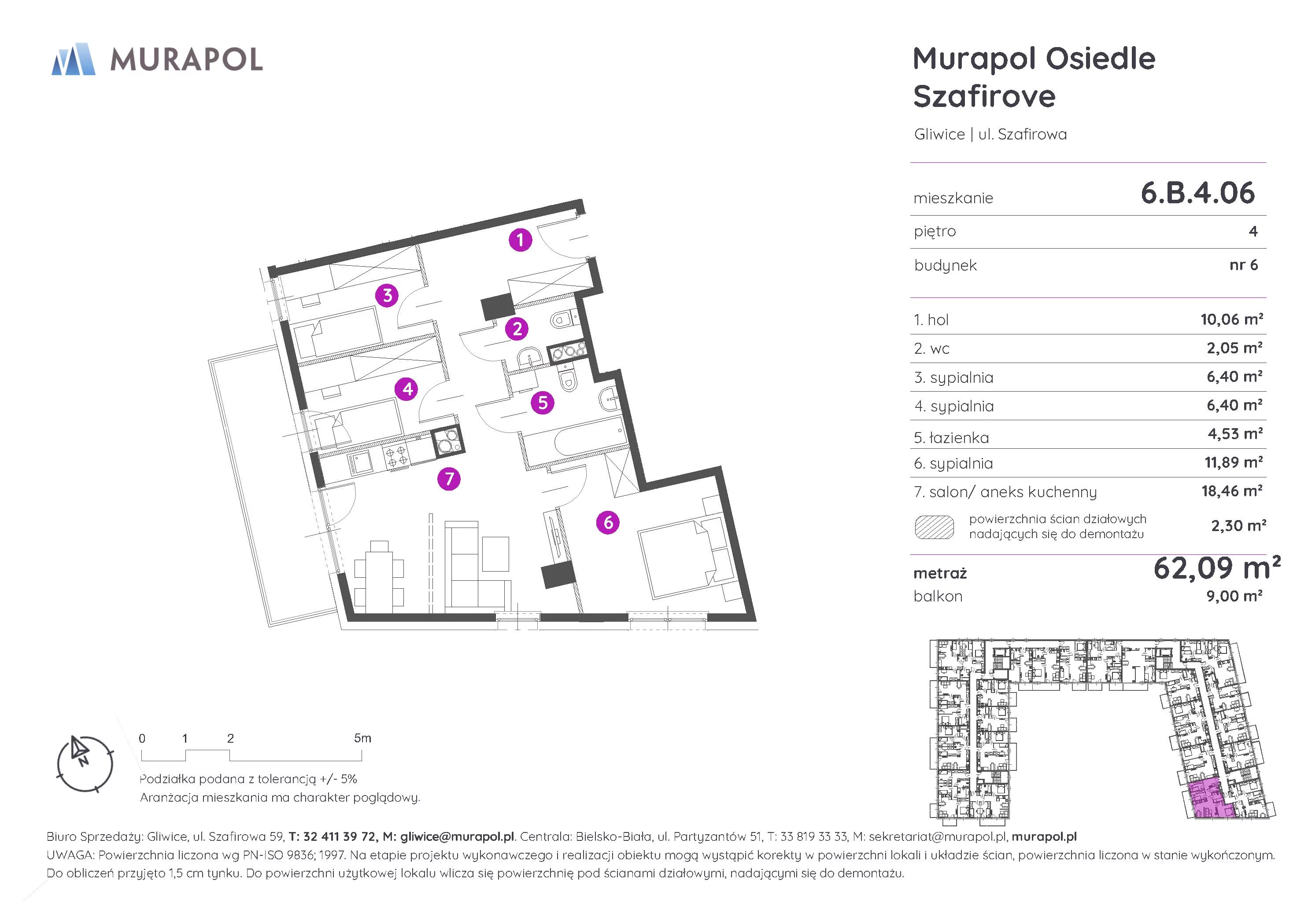 Mieszkanie 62,09 m², piętro 4, oferta nr 6.B.4.06, Murapol Osiedle Szafirove, Gliwice, Stare Gliwice, ul. Szafirowa